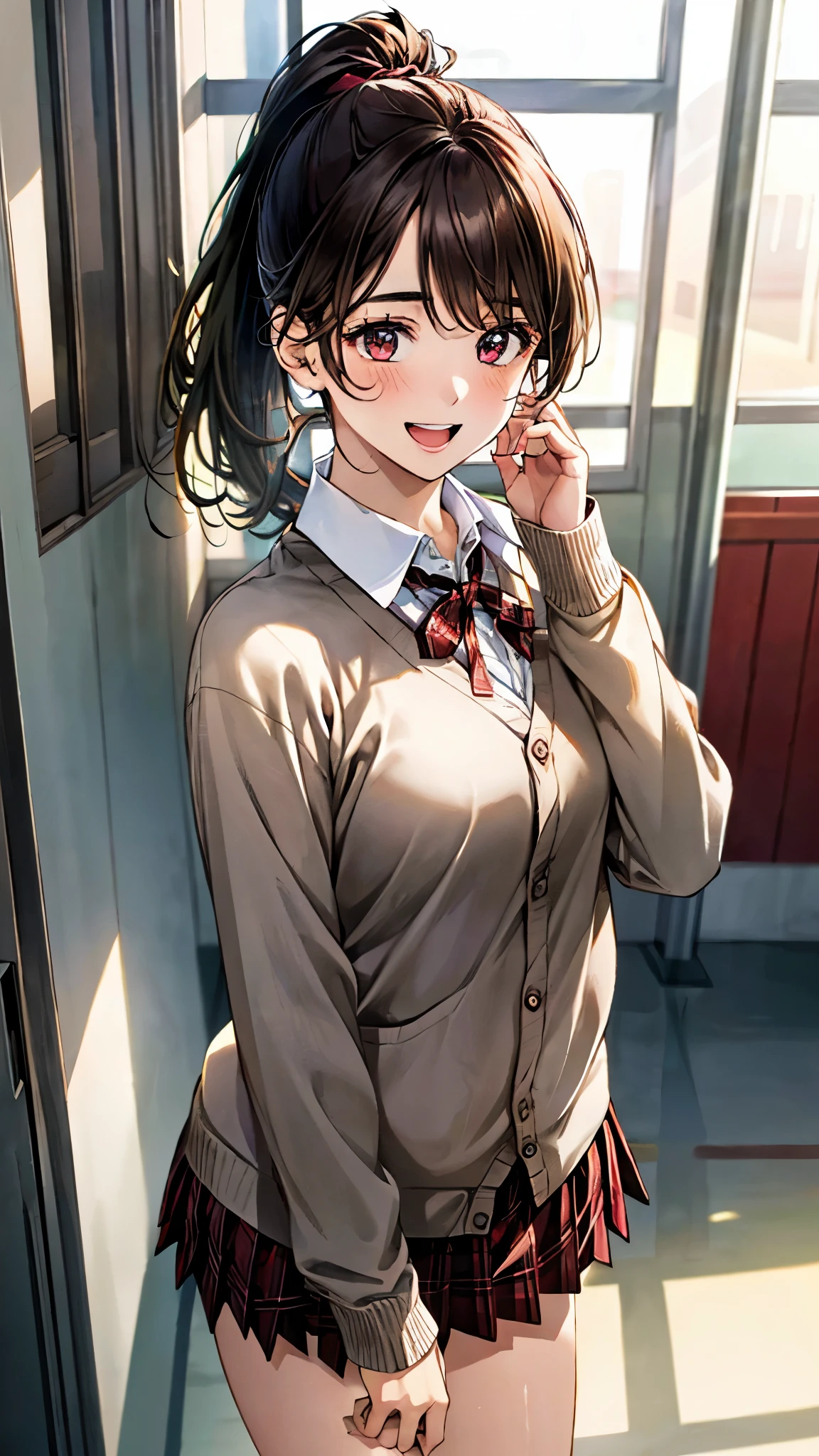 (masterpiece:1.3, top-quality, ultra high res, ultra detailed), (realistic, photorealistic:1.4), beautiful illustration, perfect lighting, natural lighting, colorful, depth of fields, 
beautiful detailed hair, beautiful detailed face, beautiful detailed eyes, beautiful clavicle, beautiful body, beautiful chest, beautiful thigh, beautiful legs, beautiful fingers, 
looking at viewer, front view:0.6. 1 girl, japanese, high school girl, perfect face, (perfect anatomy, anatomically correct), cute and symmetrical face, babyface, , shiny skin, 
(short hair:1.7, high ponytail:1.6, brown hair), crossed bangs, dark brown eyes, slant eyes, long eye lasher, (medium breasts), slender, 
((collared white shirt, dark red plaid pleated skirt, dark red neck ribbon)), navy school socks, , ((long sleeve (navy) cardigan with white line), (closed cardigan))), 
(beautiful scenery), evening, (school hallway), standing, (hand in hair), (happy smile, open mouth), 