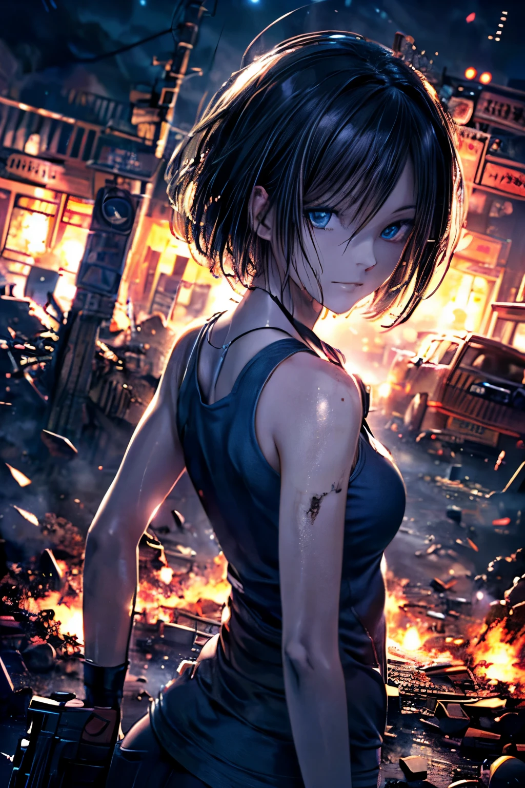 (((ultra high resolution, 8K wallpaper, masterpiece, extremely detailed illustration, clear focus))), ((back shot, low angle shot)),1 girl, solo, brown hair, short hair, gradient hair color, blue eyes, bright fine pupils, beautiful eyes with highlight, (blue tank top, detailed clothes), (standing with back turned, holding a handgun, looking back, dynamic posing), cool expression, detailed face, ruined city, burning car, night, cinematic lighting, (correct anatomy:1.3),