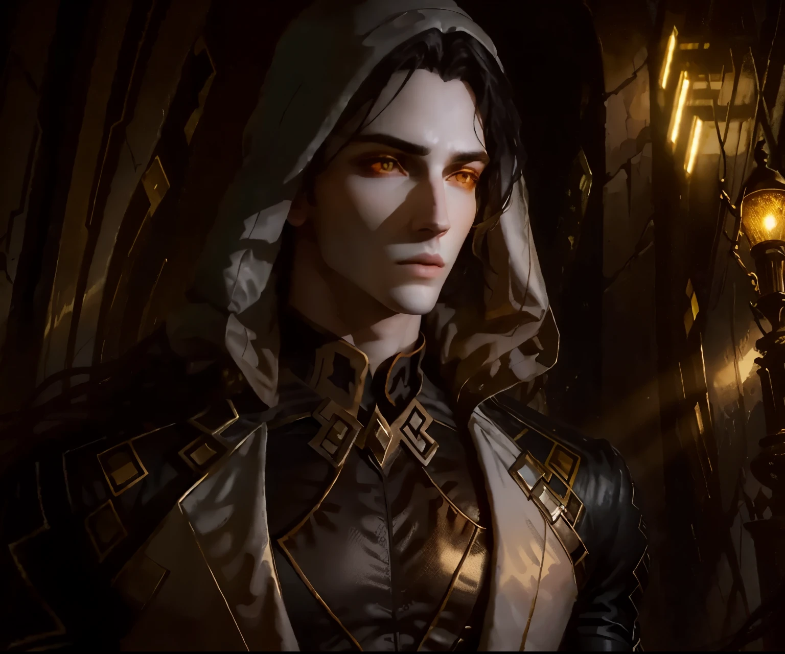 masterpiece, highest quality, (solo focus), (perfect face:1.1), (high detail:1.1),dramatic, 1guy, (pale skin), long black hair, yellow eyes, [light eyebrows], solo, long hair, moon, night, white luxury suit, covered navel, pouty lips, covered, futuristic city, detailed background, art by artgerm and greg rutkowski, cinematic lighting, roses, fashion, BalenciagaStyle