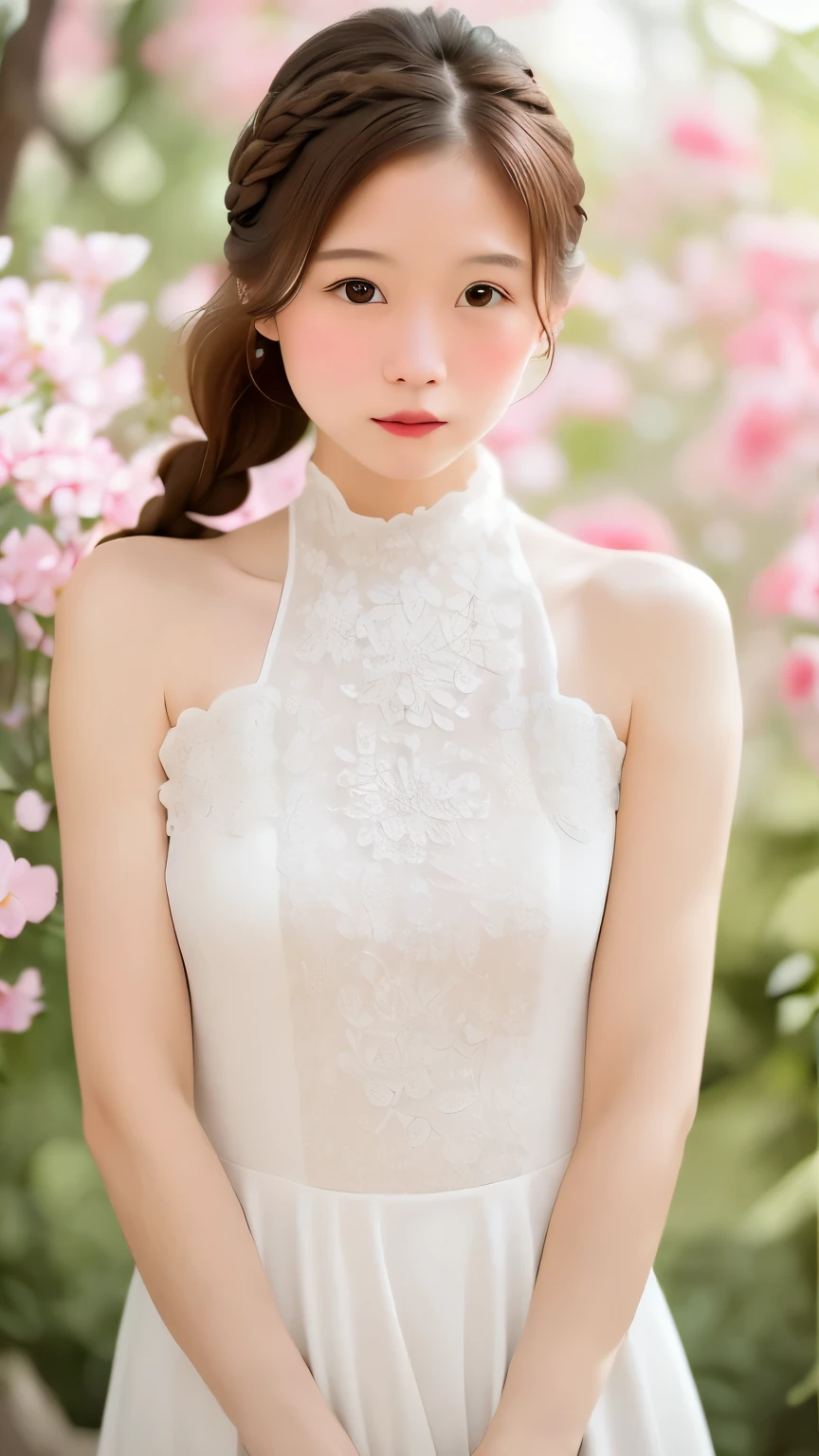 realistic, High resolution, soft light,1 female, １６Year、small breasts、Japanese、alone, waist rises higher, glowing skin, (detailed face),jewelry, brown hair,french braid、white_dress、Stylish dress、flower garden,(dynamic angle:1.1),wonderful,Soft and warm color palette, delicate brushstrokes, Targeted use of light and shadow, wide shot,The deliciousness of wilted flowers,high contrast,Color contrast,Masseter muscle part:1.3