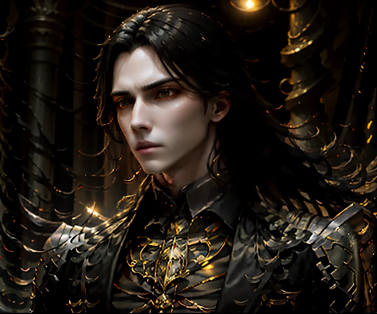 masterpiece, highest quality, (solo focus), (perfect face:1.1), (high detail:1.1),dramatic, 1guy, (pale skin), long black hair, yellow eyes, [light eyebrows], solo, long hair, moon, night, white luxury suit, covered navel, pouty lips, covered, futuristic city, detailed background, art by artgerm and greg rutkowski, cinematic lighting, roses, fashion, BalenciagaStyle