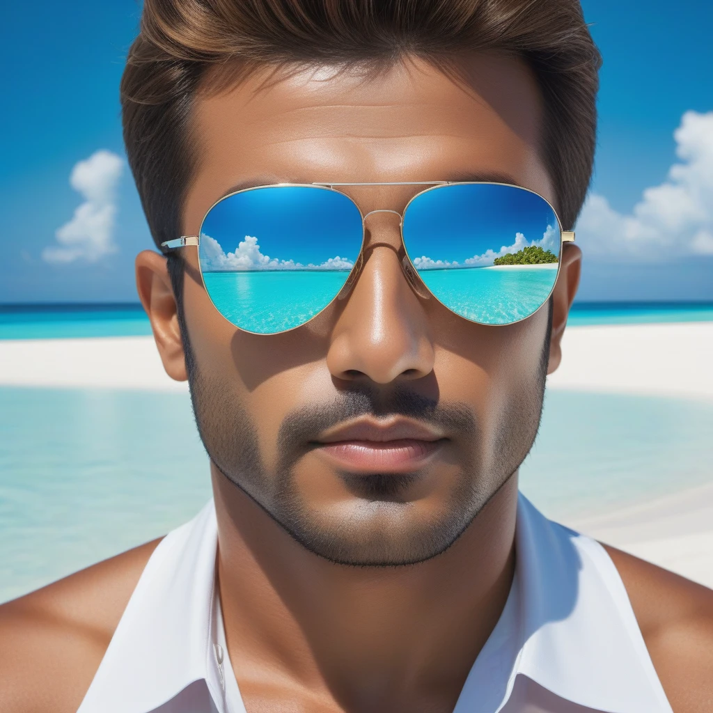 (Лучшее качество, Высокое разрешение 32K, шедевр, Шедевр, ультрадетализированный, ультрадетализированный, фотоэффективный, Настоящий, Настоящий) Портрет мужчины в зеркальных очках на солнечном пляже Мальдив, Очковые рефлексы, окружающая среда в отражении, пляж и песок, лазурная вода, светло-голубое небо и белые облака, яркие сочные краски ясного летнего дня