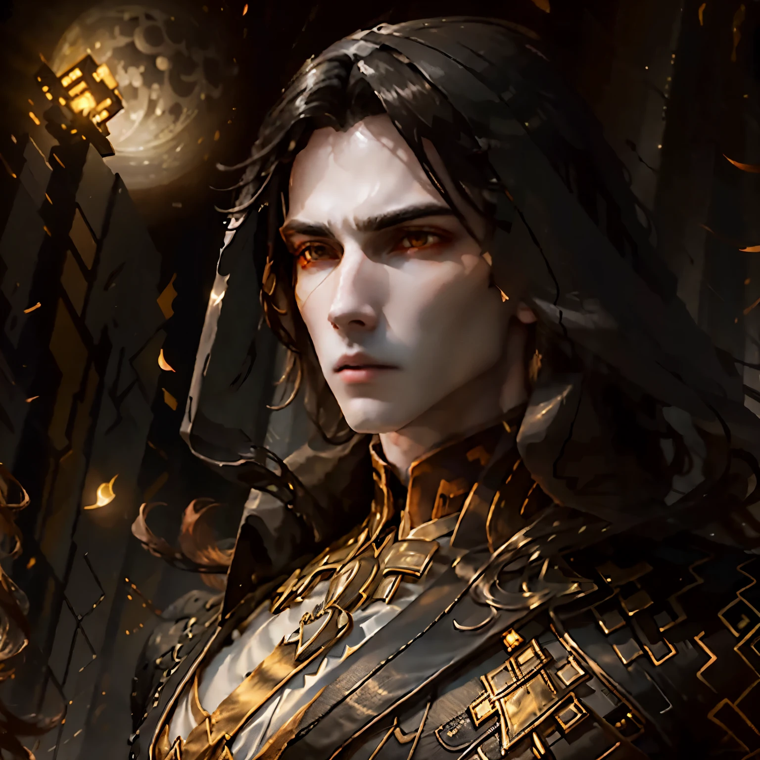 masterpiece, highest quality, (solo focus), (perfect face:1.1), (high detail:1.1),dramatic, 1guy, (pale skin), long black hair, yellow eyes, [light eyebrows], solo, long hair, moon, night, white luxury suit, covered navel, pouty lips, covered, futuristic city, detailed background, art by artgerm and greg rutkowski, cinematic lighting, roses, fashion, BalenciagaStyle