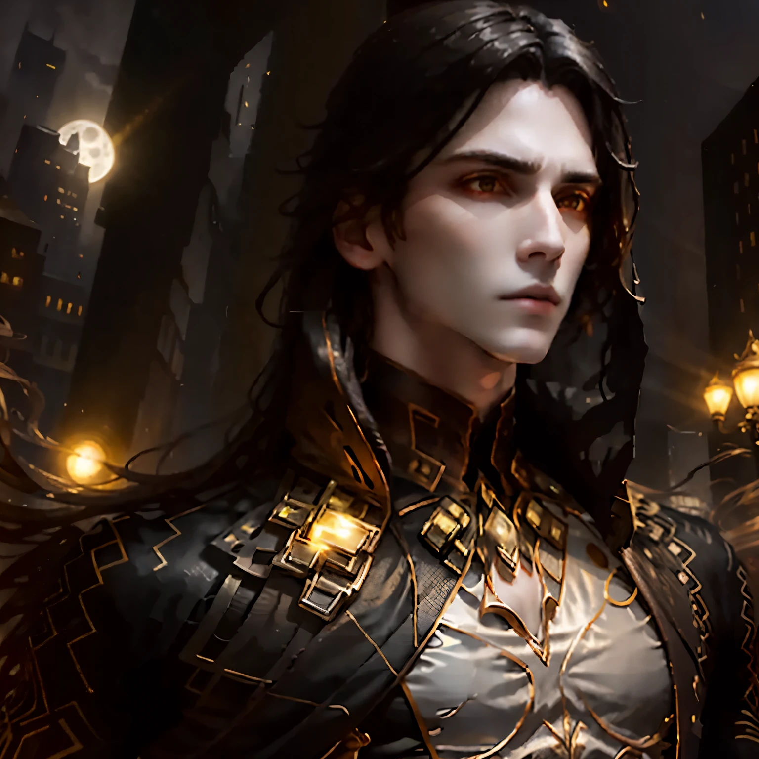 masterpiece, highest quality, (solo focus), (perfect face:1.1), (high detail:1.1),dramatic, 1guy, (pale skin), long black hair, yellow eyes, [light eyebrows], solo, long hair, moon, night, white luxury suit, covered navel, pouty lips, covered, futuristic city, detailed background, art by artgerm and greg rutkowski, cinematic lighting, roses, fashion, BalenciagaStyle