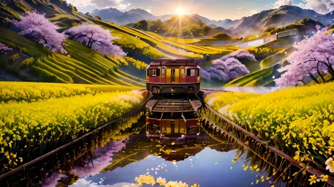 (best quality, 4K, High resolution, masterpiece: 1.2), (((The train runs near rapeseed flowers and cherry blossoms, The scenery ...