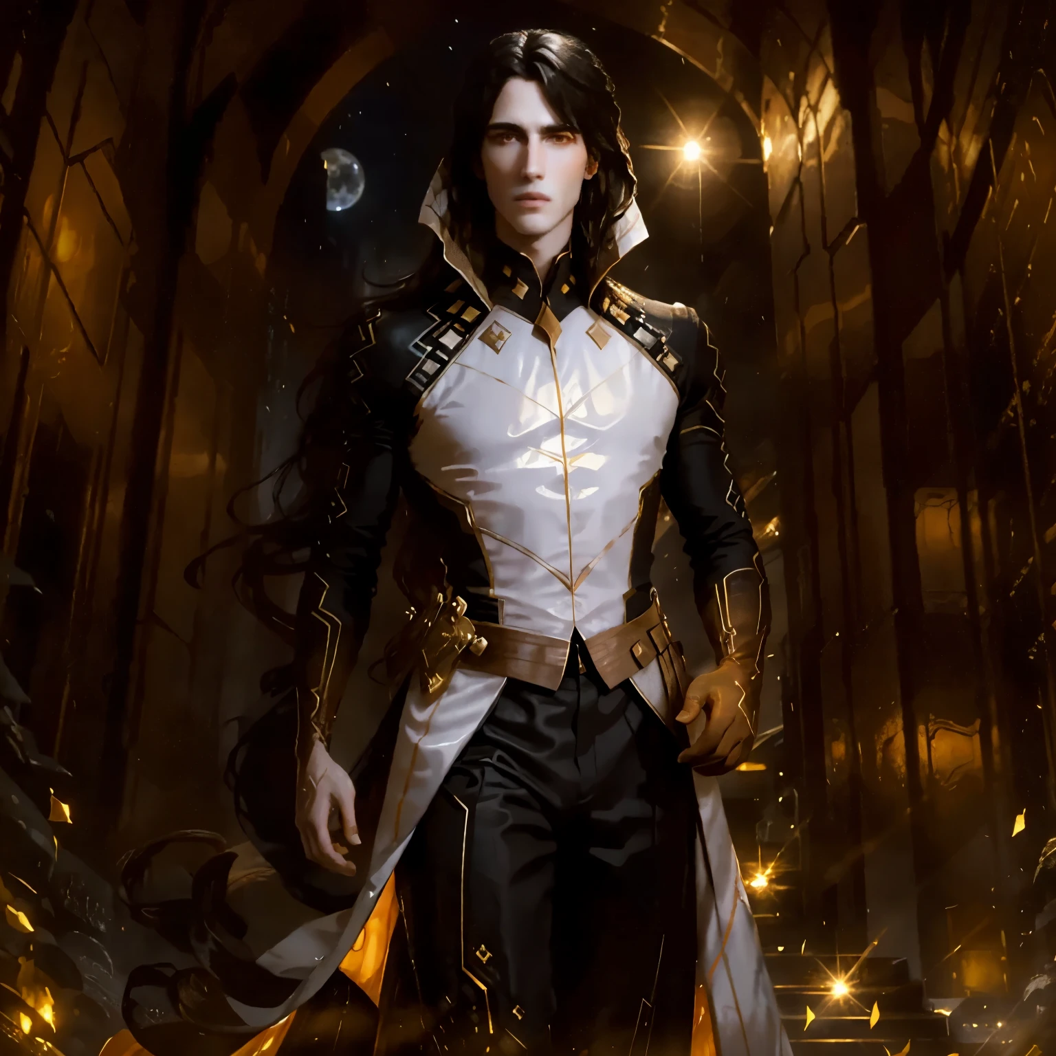 masterpiece, highest quality, (solo focus), (perfect face:1.1), (high detail:1.1),dramatic, 1guy, (pale skin), long black hair, yellow eyes, [light eyebrows], solo, long hair, moon, night, white luxury suit, covered navel, pouty lips, covered, futuristic city, detailed background, art by artgerm and greg rutkowski, cinematic lighting, roses, fashion, BalenciagaStyle