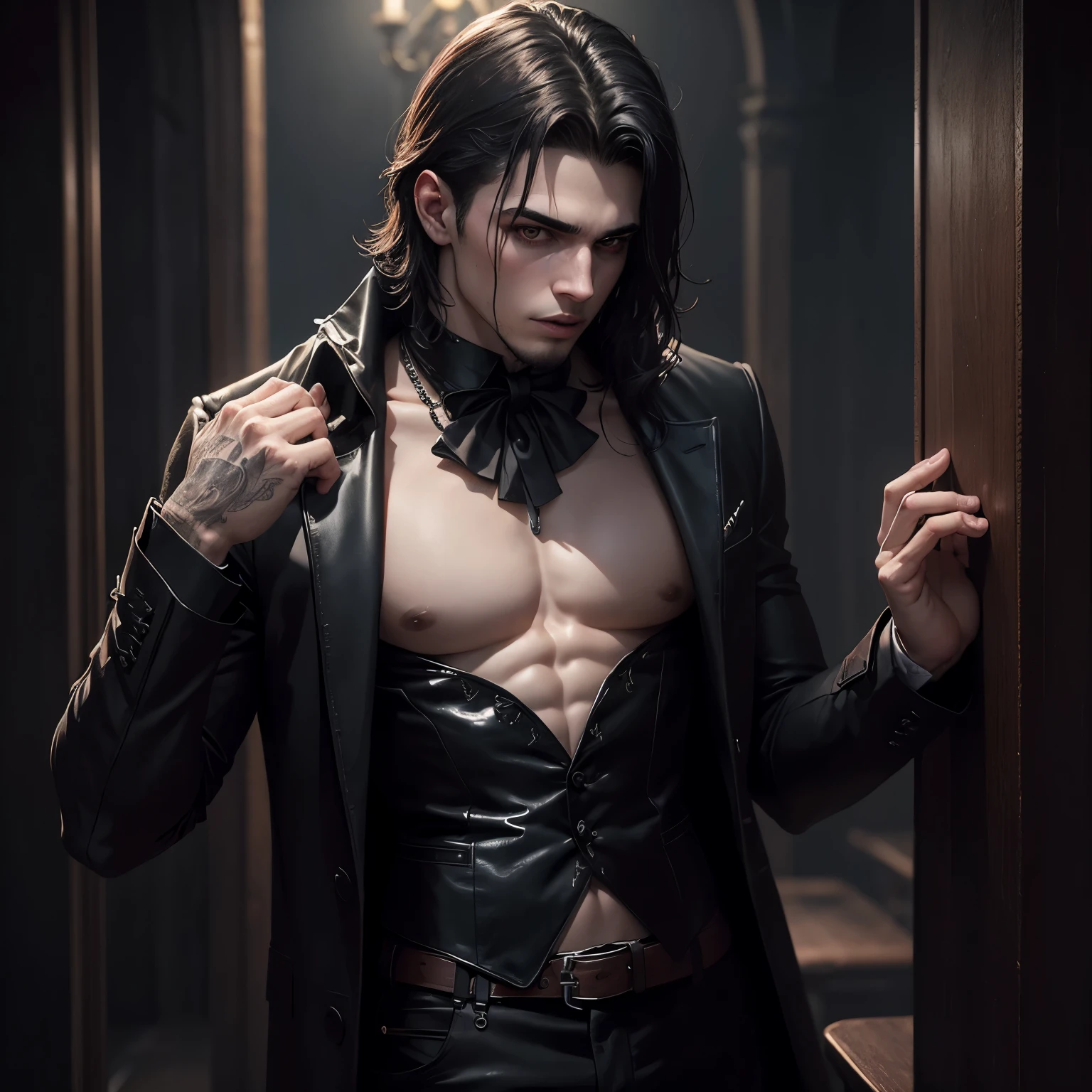 Young handsome male vampire, charming, sexly, slender and attractive with a seductive look and few clothes. gothic scenario. cinematic lighting. top quality picture.