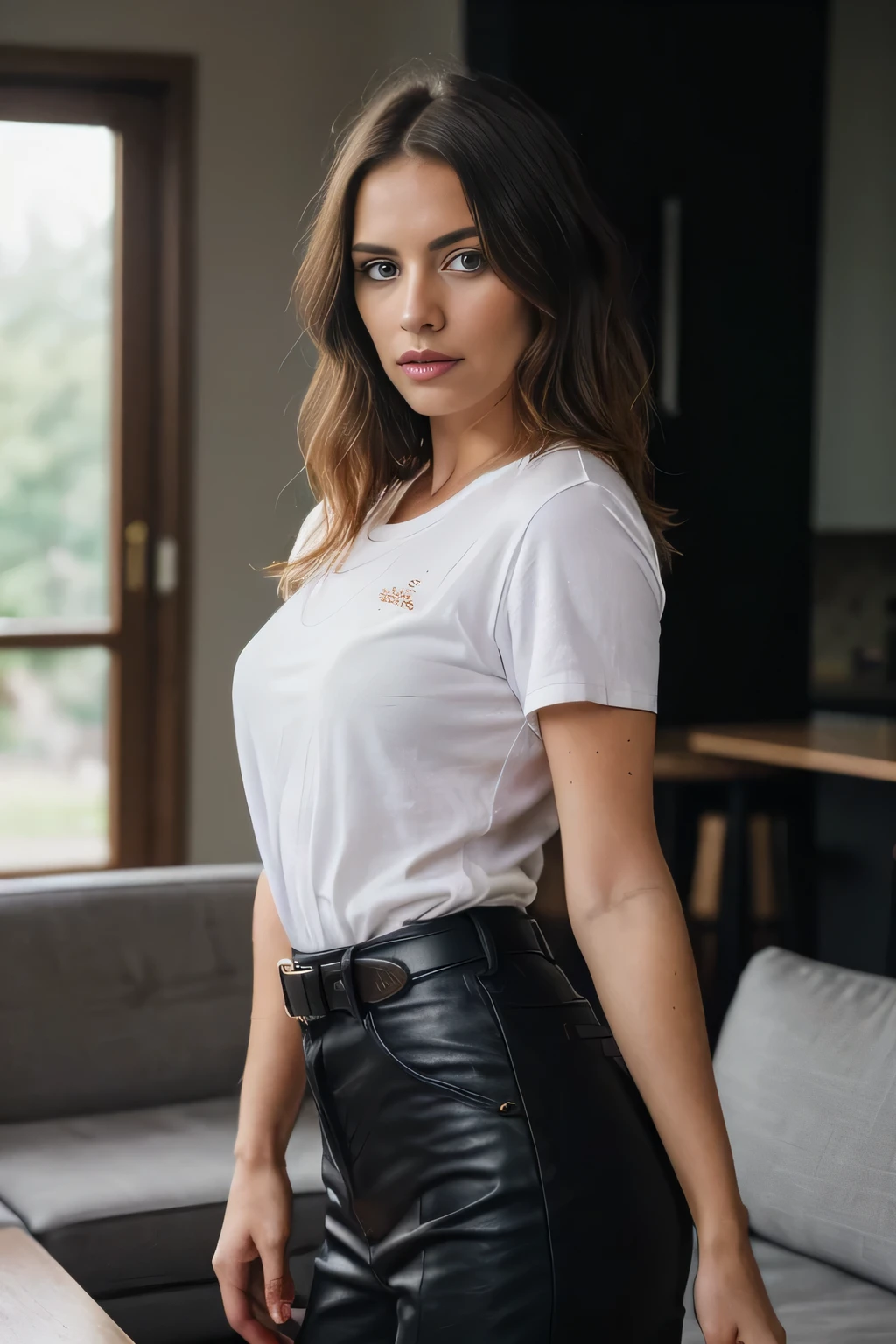 A woman in a white shirt and black leather pants posing for a picture -  SeaArt AI