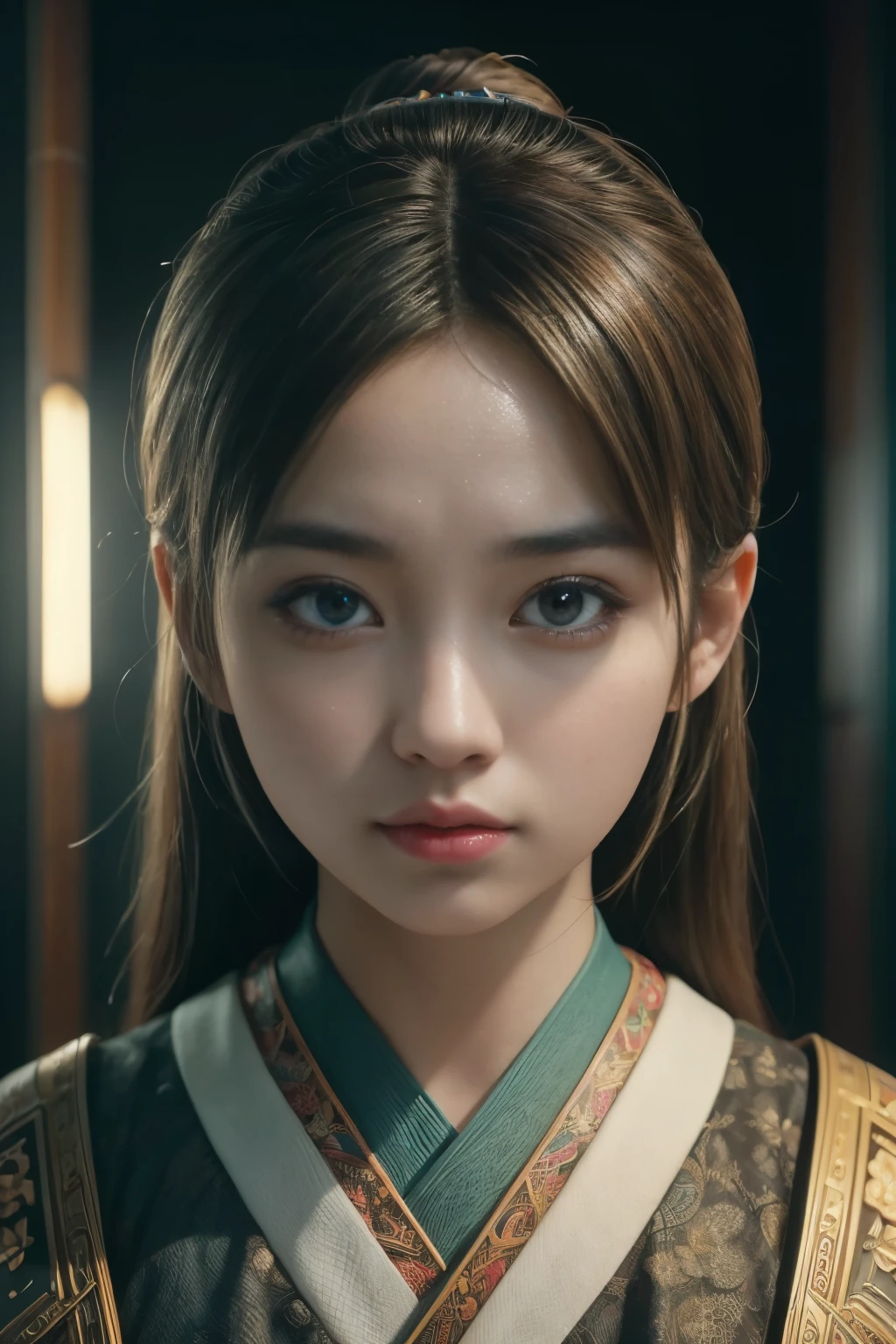 (high quality), (masterpiece), (detailed), 8K, Hyper-realistic portrayal of a futuristic (1girl1.2), Japanese character in an ulos-inspired environment. Meticulous details capture the seamless blend of tradition and innovation in this visually stunning composition. Trending on Artstation.