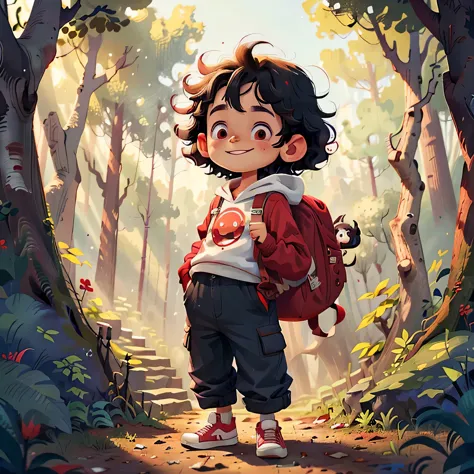 boys, black hair, long eyelashes, smile, red ears, curls, red hoodie, brown pants, white shoes, backpack, curiosity, big eyes, i...