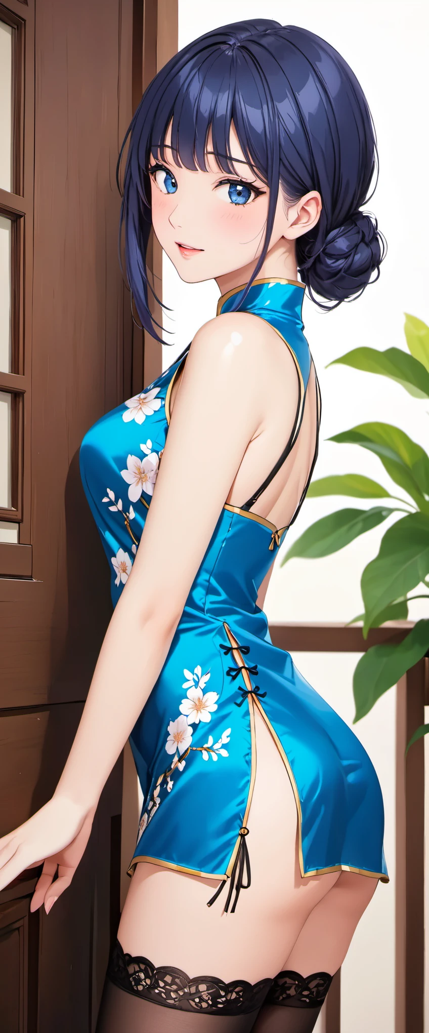 High resolution, adult woman , good lighting, despicable, , (No nudity), (((shiny blue cheongsam))), (()), ((())), (garter belt), abdomen only, (),  ,  cute face, I&#39;m embarrassed and blush, humiliating, ((turn around and look back)), (T-back)(a large amount of  is on the body,)