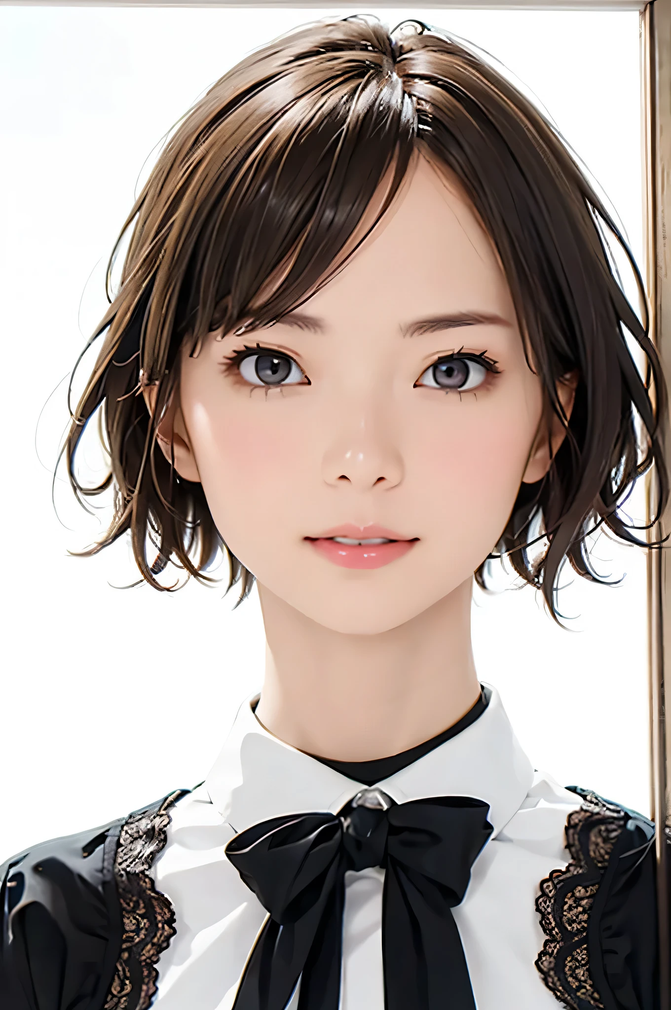 masterpiece、best image quality、Super fine、32K、look at the viewer、look straight ahead、luxury lace white blouse、short hair facing outside、light brown hair、46 points diagonal bang、highest quality、(real:1.4),ultra high resolution、 (thin and beautiful eyes:1.6)、Symmetrical、highly detailed face、perfect lighting、(perfect anatomy)、(white background:1)、hotgenic、best image quality、Characteristics of short hair、high quality、visual art、short neck、