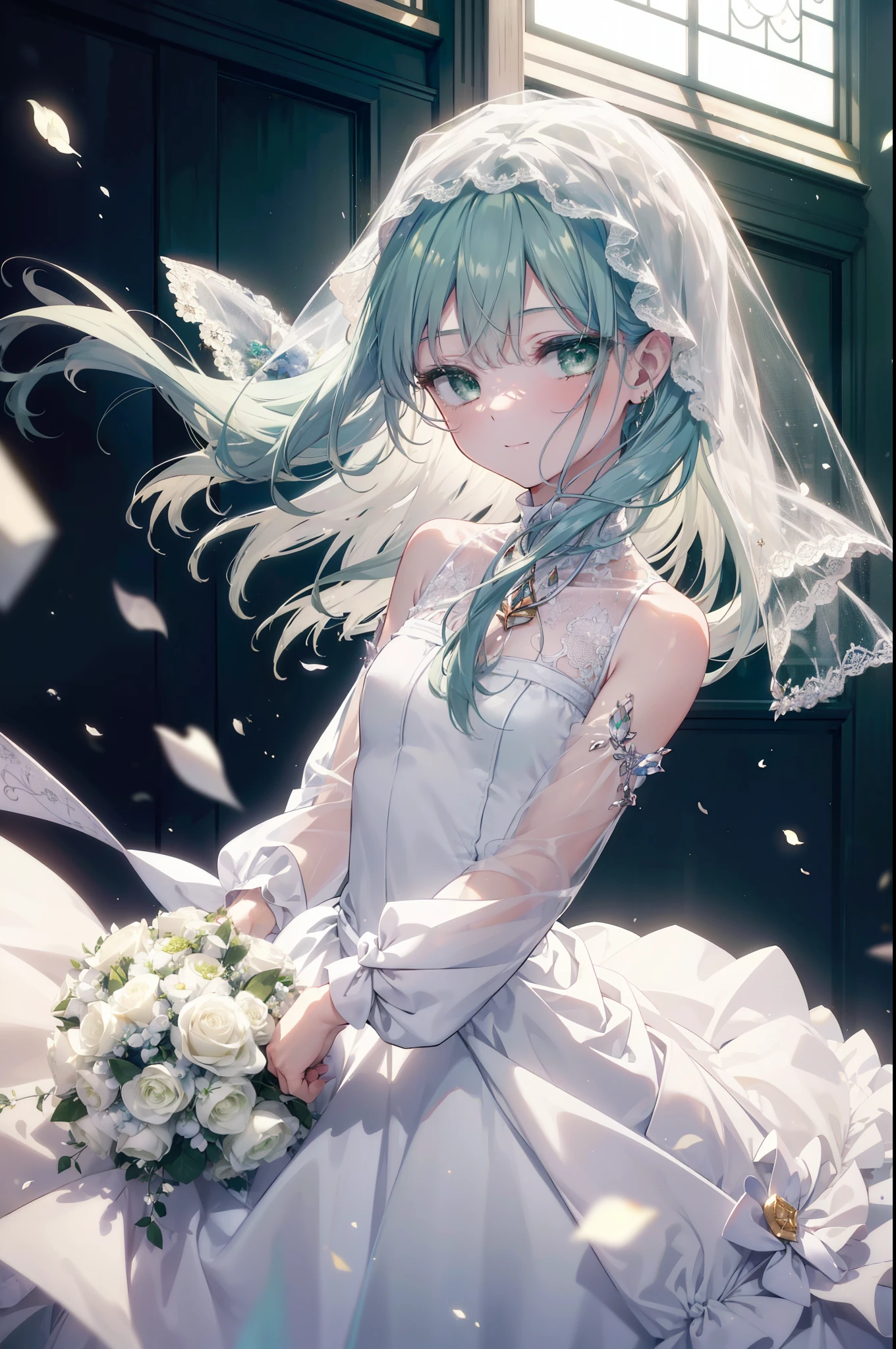 index, index, (green eyes:1.5), silver hair, long hair, (flat chest:1.2), Wedding dress,veil wedding skirt,bouquet,bouquetトス,holding a large bouquet of flowers in both hands,Stand Glass, happy smile, smile, 口を開ける
break looking at viewer, Upper body, whole body,
break indoors, church,chapel,
break (masterpiece:1.2), highest quality, High resolution, unity 8k wallpaper, (figure:0.8), (detailed and beautiful eyes:1.6), highly detailed face, perfect lighting, Very detailed CG, (perfect hands, perfect anatomy),