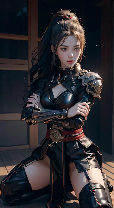 a woman kneeling down with a sword in her hand,very beautiful cyberpunk samurai,she is holding a katana sword,unsheathing her ka...