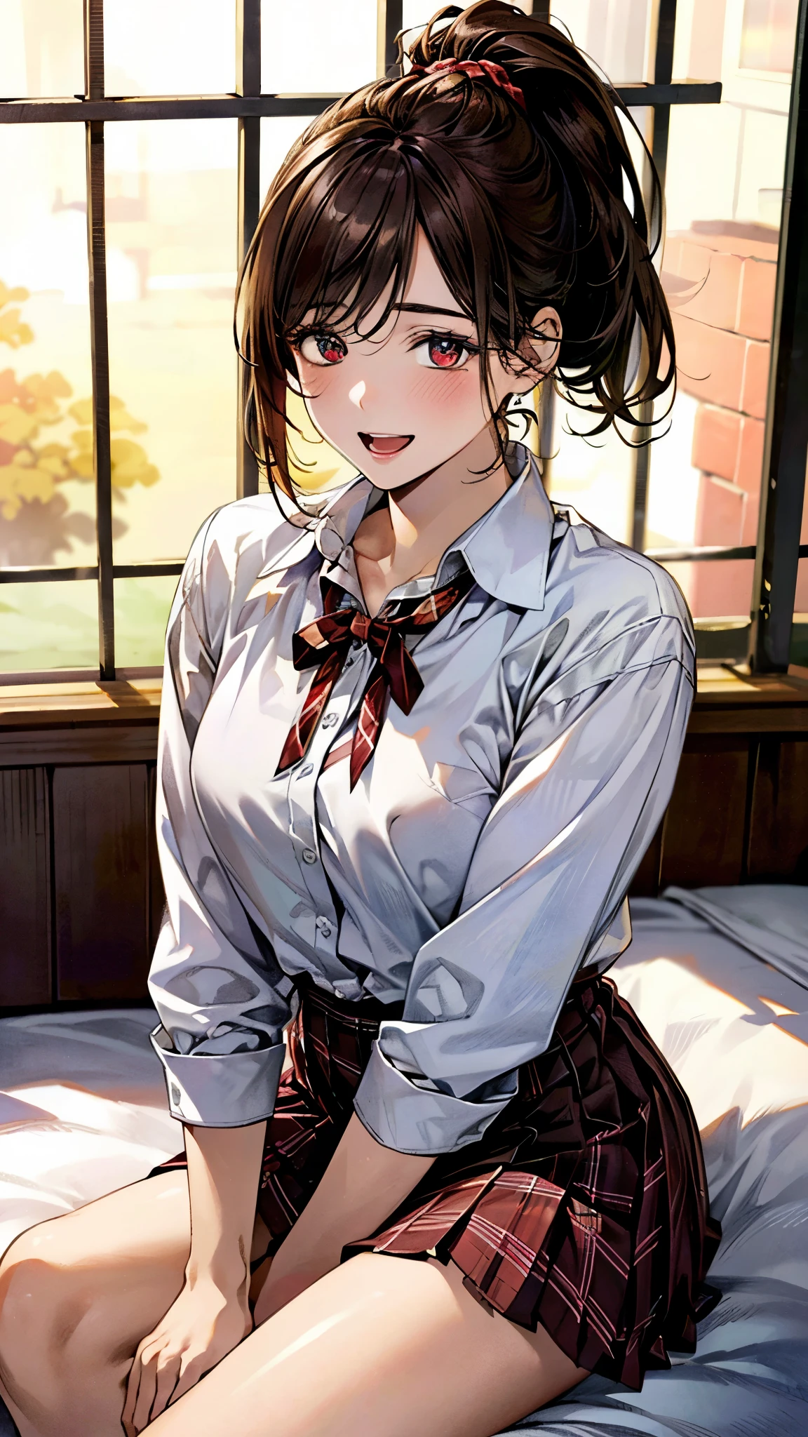 (masterpiece:1.3, top-quality, ultra high res, ultra detailed), (realistic, photorealistic:1.4), beautiful illustration, perfect lighting, natural lighting, colorful, depth of fields, 
beautiful detailed hair, beautiful detailed face, beautiful detailed eyes, beautiful clavicle, beautiful body, beautiful chest, beautiful thigh, beautiful legs, beautiful fingers, 
looking at viewer, front view:0.6. 1 girl, japanese, high school girl, perfect face, (perfect anatomy, anatomically correct), cute and symmetrical face, babyface, , shiny skin, 
(short hair:1.7, high ponytail:1.6, brown hair), crossed bangs, dark brown eyes, slant eyes, long eye lasher, (medium breasts), slender, 
(collared white shirt, dark red plaid pleated skirt, dark red neck ribbon), bottomless,
(beautiful scenery), evening, (room2), sitting bed, (hand in hair), (seductive smile, upper eyes, open mouth),