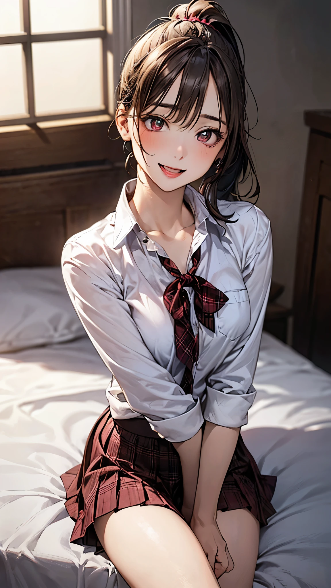 (masterpiece:1.3, top-quality, ultra high res, ultra detailed), (realistic, photorealistic:1.4), beautiful illustration, perfect lighting, natural lighting, colorful, depth of fields, 
beautiful detailed hair, beautiful detailed face, beautiful detailed eyes, beautiful clavicle, beautiful body, beautiful chest, beautiful thigh, beautiful legs, beautiful fingers, 
looking at viewer, front view:0.6. 1 girl, japanese, high school girl, perfect face, (perfect anatomy, anatomically correct), cute and symmetrical face, babyface, , shiny skin, 
(short hair:1.7, high ponytail:1.6, brown hair), crossed bangs, dark brown eyes, slant eyes, long eye lasher, (medium breasts), slender, 
(collared white shirt, dark red plaid pleated skirt, dark red neck ribbon), bottomless,
(beautiful scenery), evening, (bed room), sitting bed, (seductive smile, upper eyes, open mouth),