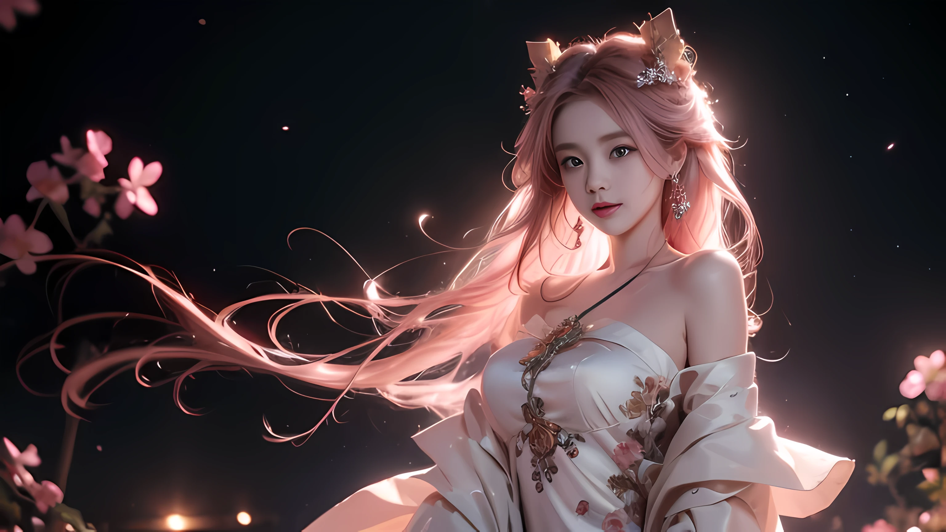 shenzi,1 girl,long hair,pink hair,purple eyes,very long hair,hair_decorate,Pink kimono, (masterpiece, best quality:1.2), 1 girl, alone, ((off shoulder clothes)), ((night)), lantern, Deep into wonderland，The moonlight falls like water，foggy room，The figure of the heroine is vaguely visible，Just like the fairy in the painting，Slender sexy legs，very nice legs，exposed sexy，big breasts，美丽而又带着一丝mystery的色彩。Her face is beautiful and delicate，Like finely carved jade，Showing otherworldly beauty。eyebrows，The waves in my eyes are like twinkling stars，Show the light of perseverance and wisdom。The bridge of the nose is straight，Lip color like cherry，The slightly raised corners of the mouth reveal confidence and calmness。her face is chiseled，Skin as fair as jade，Reveal a healthy glow，Just like fairies, She never eats fireworks in this world。Her makeup is light and delicate，Not too much embellishment，But enough to show her temperament and charm。Light-colored foundation brings out the transparency of the skin，A light eyebrow pencil outlines her perfect eyebrow shape，Eye makeup is eye shadow and eyeliner，Make her eyes brighter and more energetic。嘴唇涂上grace的口红，Adds a bit of charm and sophistication。她的衣服grace别致，Clothes fluttering，It seems like it will be blown up by the wind at any time，drifting into the distance。既不失grace，Also showed off her extraordinary skills。Swinging with her movements。Her hair is tied back casually，Secure it with a hosta，A few strands of hair are fluttering gently in the wind，Adds a bit of softness。Her figure is looming in the fairyland，宛如一道big breasts美丽的风景线，Attracted everyone&#39;s concern。She seems to be a fairy in wonderland，big breasts美丽、grace、mystery、and full of power。