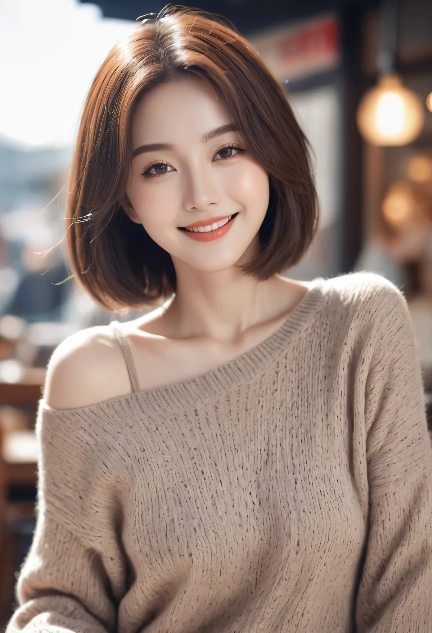 masutepiece, Best Quality, Illustration, Ultra-detailed, finely detail, hight resolution, 8K Wallpaper, Perfect dynamic composition, Beautiful detailed eyes, Long sleeve knit with shoulder extension,Bob Hair, mid-chest, Natural Color Lip, Random and sexy poses,Smile,20 years girl,Colossal ,cafes,Coffee,Emphasis on the chest
