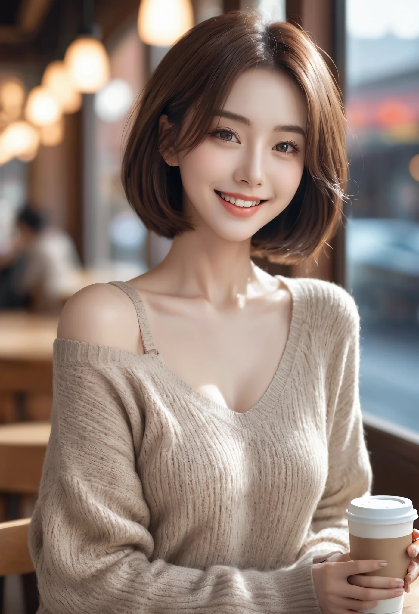 masutepiece, Best Quality, Illustration, Ultra-detailed, finely detail, hight resolution, 8K Wallpaper, Perfect dynamic composition, Beautiful detailed eyes, Long sleeve knit with shoulder extension,Bob Hair, mid-chest, Natural Color Lip, Random and sexy poses,Smile,20 years girl,Colossal ,cafes,Coffee,Emphasis on the chest