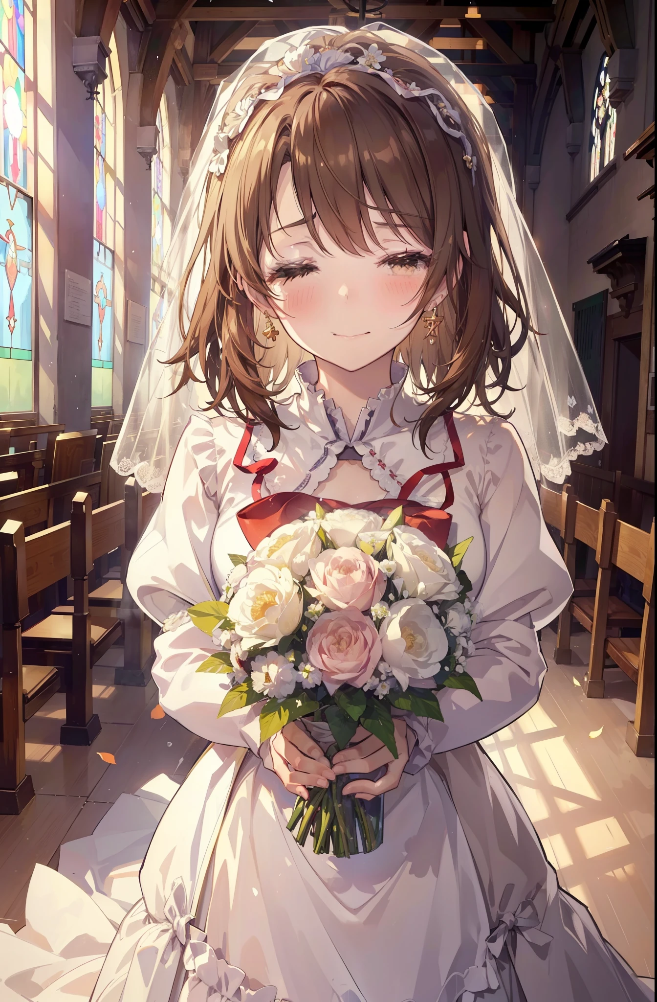 irohaisshiki, iroha isshiki, long hair, brown hair,  open your mouth,smile,happy atmosphere,Please close your eyes and cry,tears run down her face,tears of joy,blush,smile,large pale stained glass,Light of the sun,chapel,marriage,church,Wedding dress,veil,Wedding Skirts,bouquet,bouquetトス,Holding a big bouquet in both hands,happy atmosphere,Hanabubuki,marriage式,　　　　　　　　　　　　　　　　　　　　break indoors, chapel, church,
break (masterpiece:1.2), highest quality, High resolution, unity 8k wallpaper, (shape:0.8), (highly detailed face, perfect lighting, Very detailed CG, (perfect hands, perfect anatomy),