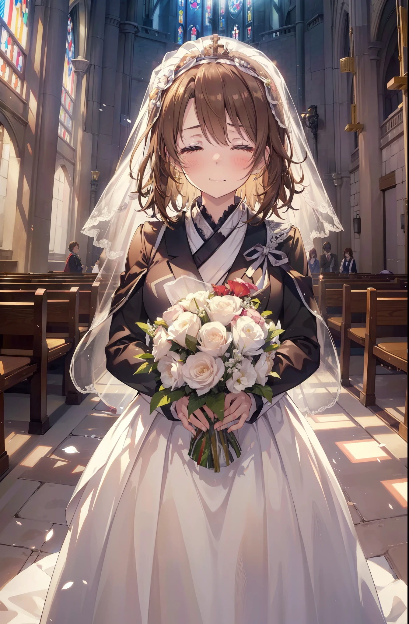 irohaisshiki, iroha isshiki, long hair, brown hair,  open your mouth,smile,happy atmosphere,Please close your eyes and cry,tears run down her face,tears of joy,blush,smile,large pale stained glass,Light of the sun,chapel,marriage,church,Wedding dress,veil,Wedding Skirts,bouquet,bouquetトス,Holding a big bouquet in both hands,happy atmosphere,Hanabubuki,marriage式,　　　　　　　　　　　　　　　　　　　　break indoors, chapel, church,
break (masterpiece:1.2), highest quality, High resolution, unity 8k wallpaper, (shape:0.8), (highly detailed face, perfect lighting, Very detailed CG, (perfect hands, perfect anatomy),