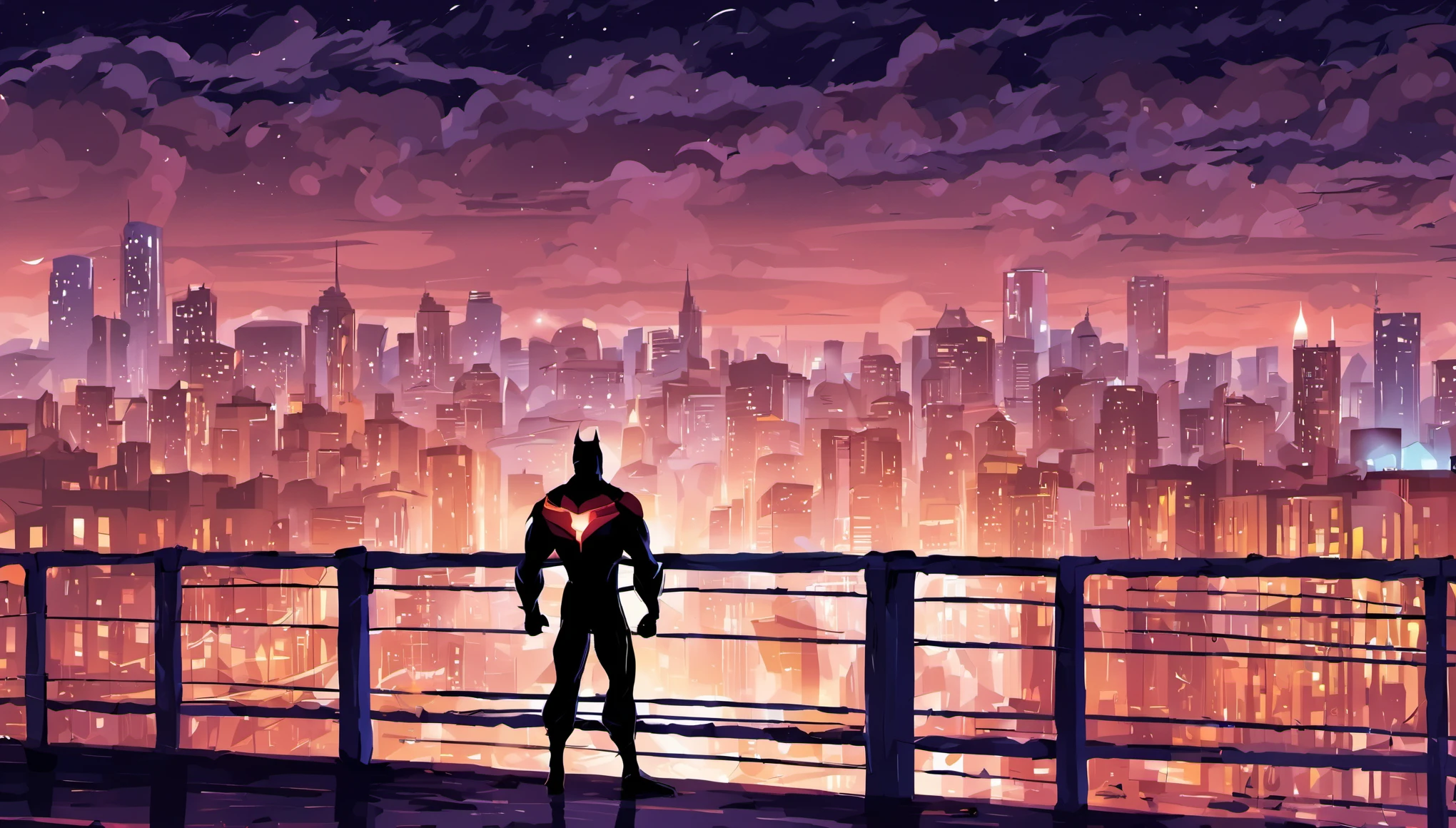 (masterpiece, best quality:1.2),a hero，Stand on the bridge and overlook the city at night，prosperous city，wonderful night，art style design，Scene design，Concept Design, American comics, comic style