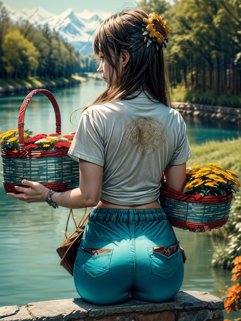 general shot:1.4, unreal engine:1.4,ultra realistic CG 32K, photorealistic:1.4, skin texture:1.4, masterpiece:1.4, perfect body, ((Beautiful woman sitting Reflecting on the bank of the river, back with shirt tucked inside his cyan-colored pants, rolled-up earth-colored pants, colorful decorations, basket with flowers: 1.5)), he has his hands resting on his chin, thoughtful: 1.4, ((epic beautiful landscape: 1.4)).