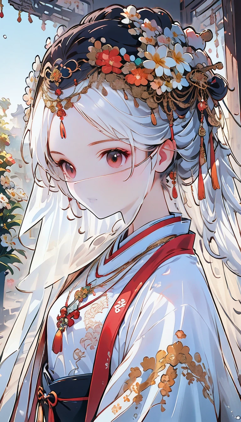 (masterpiece, best quality:1.2),  curly hair curly hair,Head close-up,Eyes are very delicate,Chinese beauty,Gorgeous lace golden red Hanfu,whole body（（（hair accessories）））（（（veil）））,necklace,（（shiny skin））a garden with many flowers,（（（masterpiece）））, （（best quality））, （（intricate details））,（（surreal））（8K）