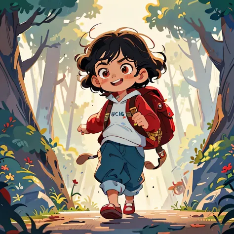 a 10-year-old boy runs happily in the forest,grinning，black hair, long eyelashes,curls, red hoodie, brown pants, white shoes, ba...