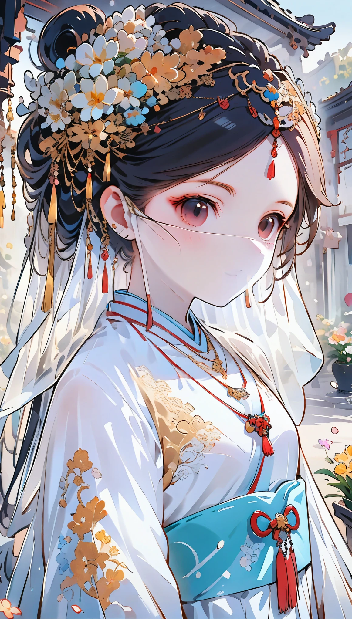 (masterpiece, best quality:1.2),  curly hair curly hair,Head close-up,Eyes are very delicate,Chinese beauty,Gorgeous lace golden red Hanfu,whole body（（（hair accessories）））（（（veil）））,necklace,（（shiny skin））a garden with many flowers,（（（masterpiece）））, （（best quality））, （（intricate details））,（（surreal））（8K）