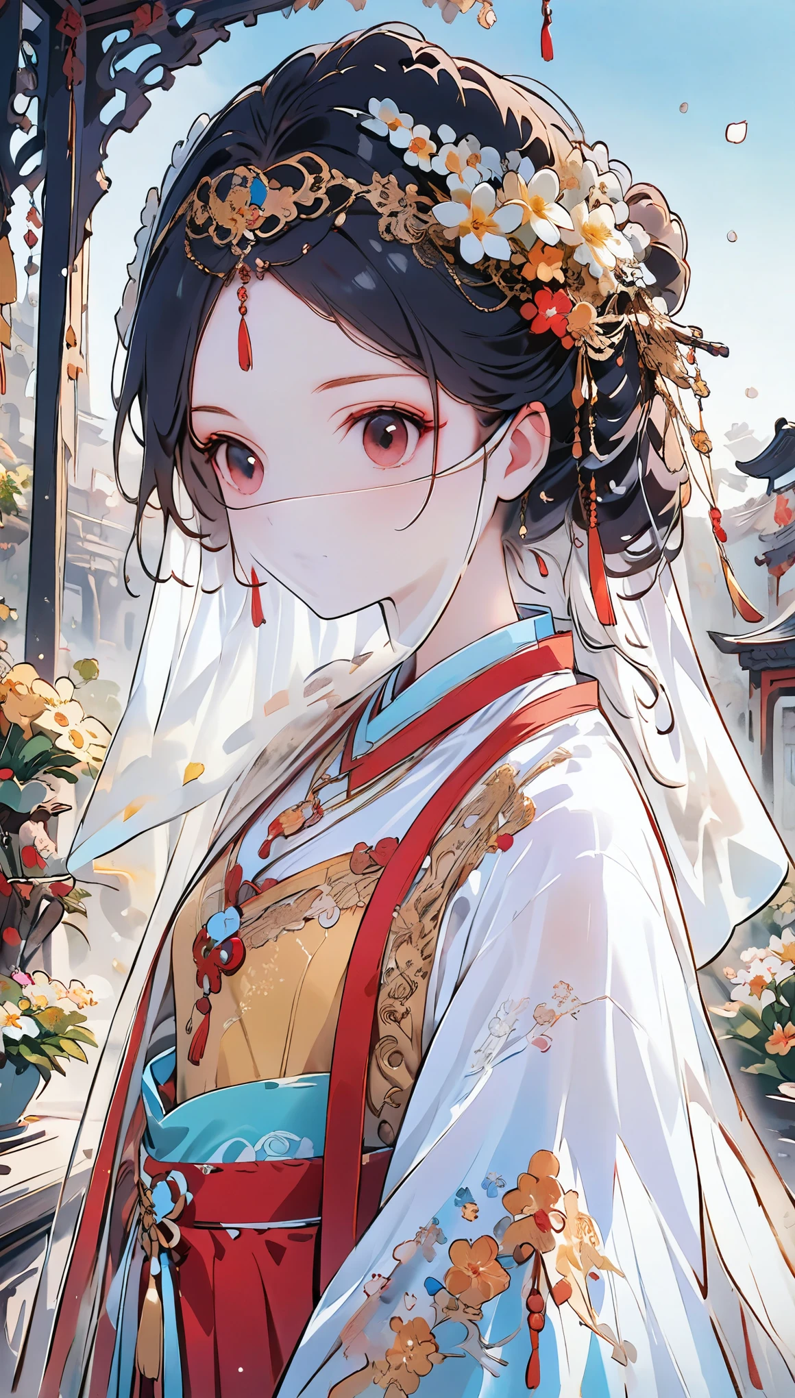 (masterpiece, best quality:1.2),  curly hair curly hair,Head close-up,Eyes are very delicate,Chinese beauty,Gorgeous lace golden red Hanfu,whole body（（（hair accessories）））（（（veil）））,necklace,（（shiny skin））a garden with many flowers,（（（masterpiece）））, （（best quality））, （（intricate details））,（（surreal））（8K）