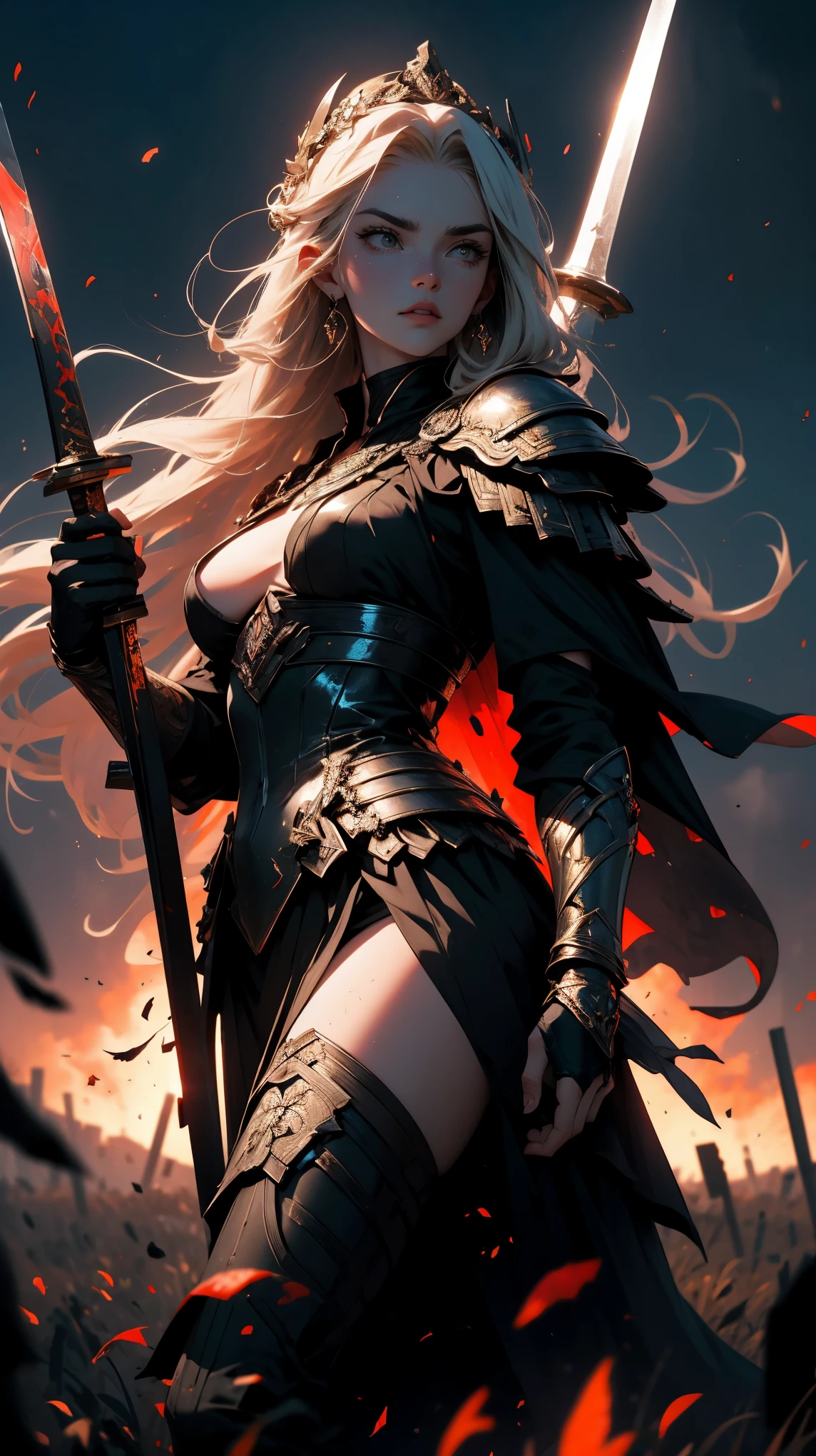 large silhouette of the goddess of war in the air with bloody sword in her hand, Best quality, masterpiece, super high resolution, (realism: 1.4), vast field, dead warriors bodies lying on the field, corpses, dark colors, gloomy, grim, foggy
