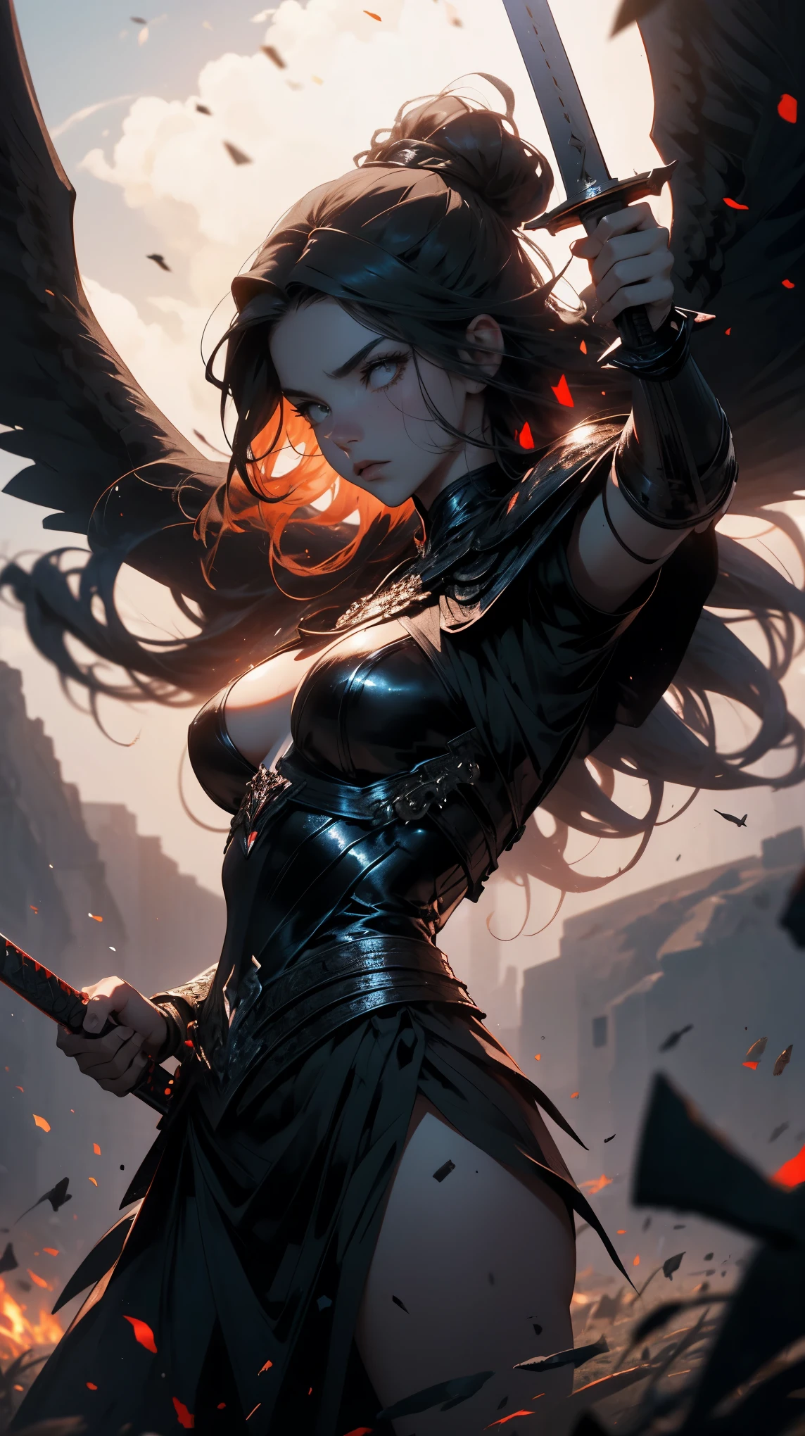 large silhouette of the goddess of war in the air with bloody sword in her hand, Best quality, masterpiece, super high resolution, (realism: 1.4), vast field, dead warriors bodies lying on the field, corpses, dark colors, gloomy, grim, foggy
