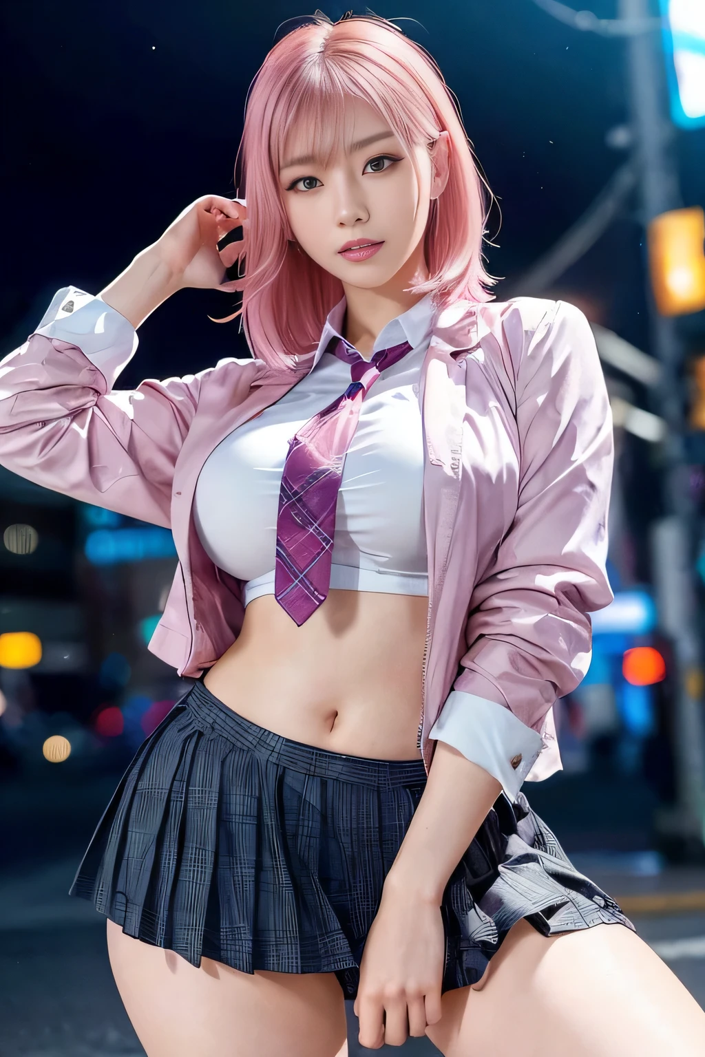 A woman with pink hair and a tie poses for a photo., anime girl in real life, anime girl cosplay, a surrealism , seductive Pretty Woman, surrealism , attractive real woman, cute girl with short pink hair, Animation style mixed with Fujifilm, beautiful real high school girl, Pretty Woman, cyberpunk girl, anime cosplay, cosplay,  masterpiece, Super Deformed, whole body: 1.2, ultra high resolution, RAW photos, masterpiece, very detailed, 8 thousand, Fully detailed hair, mackerel, best quality, ultra high resolution, very detailed face and eyes, (realistic:1.4), looking at viewer, smiling, cute,  (ray tracing:1.4), (long legs:1.4), best quality , masterpiece, big ass, full face detail, beautiful, ((The hair is very detailed. )) , (((1))), thin lips, big eyes, mackerel, tempting, blue eyes , slim waist, 8 thousand, 16,000, mackerel,
carol park uhd, Works inspired by Hajime Sorayama,