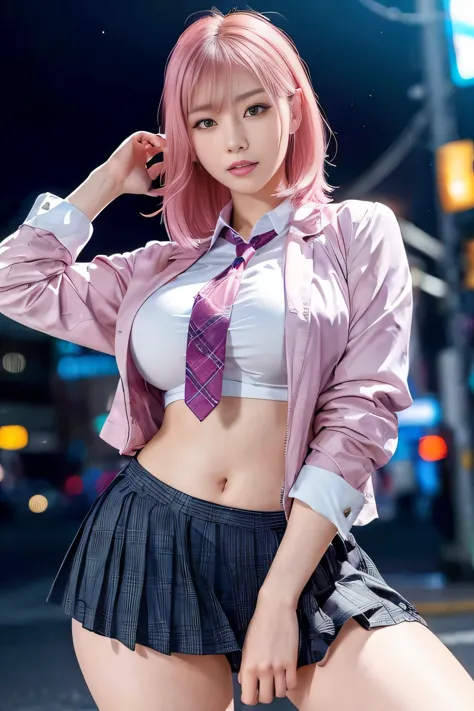 A woman with pink hair and a tie poses for a photo., anime girl in real life, anime girl cosplay, a surrealism , seductive Prett...