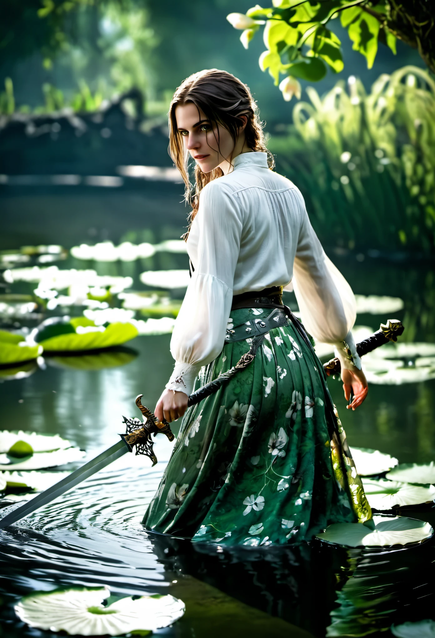 Bloodborne ~ Dark Souls 3 ~ Elden Ring ~ ultra detailed, A Gorgeous brunette, in white open shirt, green flowery pattern skirt, walking along a lively pond with lily pads. action pose holding a sword. blushing, teasing, Alluring. highly stylized. depth of field, bokeh effect, backlit, stylish, elegant, breathtaking, visually rich, masterpiece full body shot.