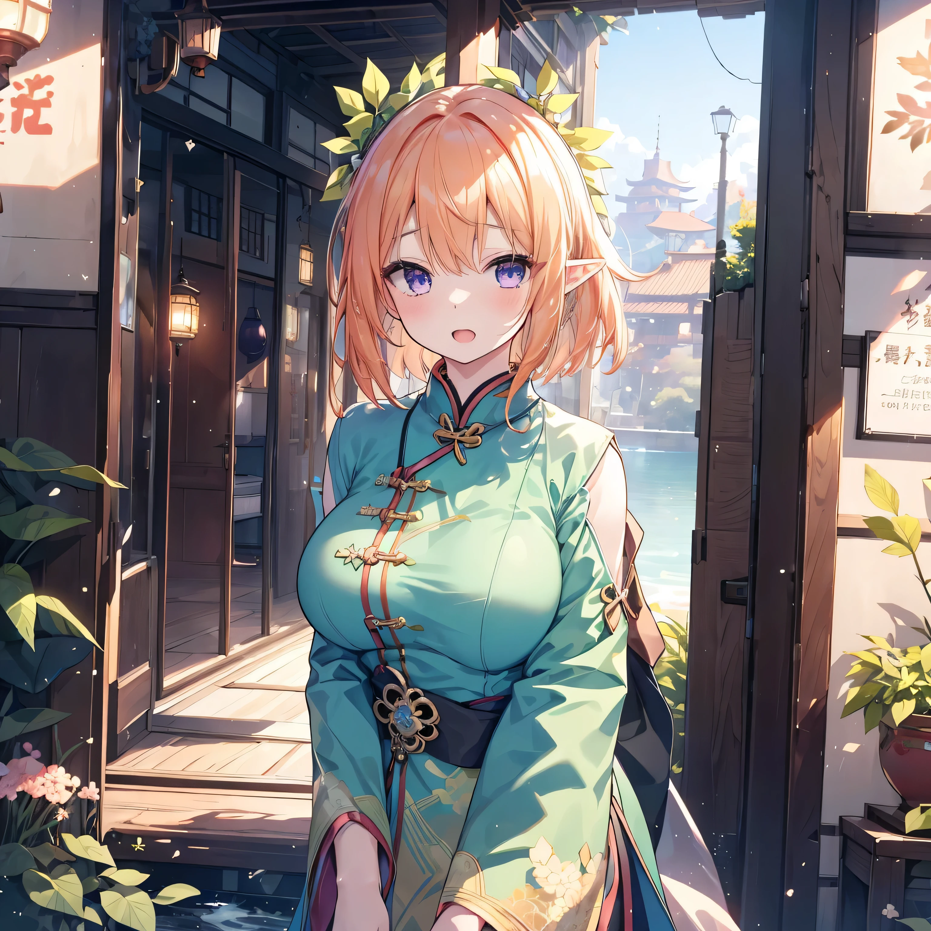 {{{{{Pastel Green Cheongsam}}}}}, bun hair, hide your hands, {{{one girl}}}, beautiful detailed girl, game CG, shine, Spring flower, 7 head and body,1 curl on the outside, elf ears,short bob hair, Pastel orange hair, purple eyes,stylish accessories solo, Breast augmentation, medium shoot, woman, Take-out, laughter, black knee high, {{{{{wearing a Pastel Green Cheongsam}}}}},open your mouth, daytime mountain stream, wonderful, fine and beautiful eyes, highest quality, super delicate,Masseter muscle part,highest quality,(official art、highest quality、Unity 8k wallpaper、32K、masterpiece、Super detailed、超A high resolution、realistic、Photoreal:1.2)、(cinematic lighting:1.2)、fire glow effect、The grainiest shadow of the film、side light、side shot、(Super detailed and intricate 3D rendering)、Atelier series,genshin impact,want,face becomes smaller,