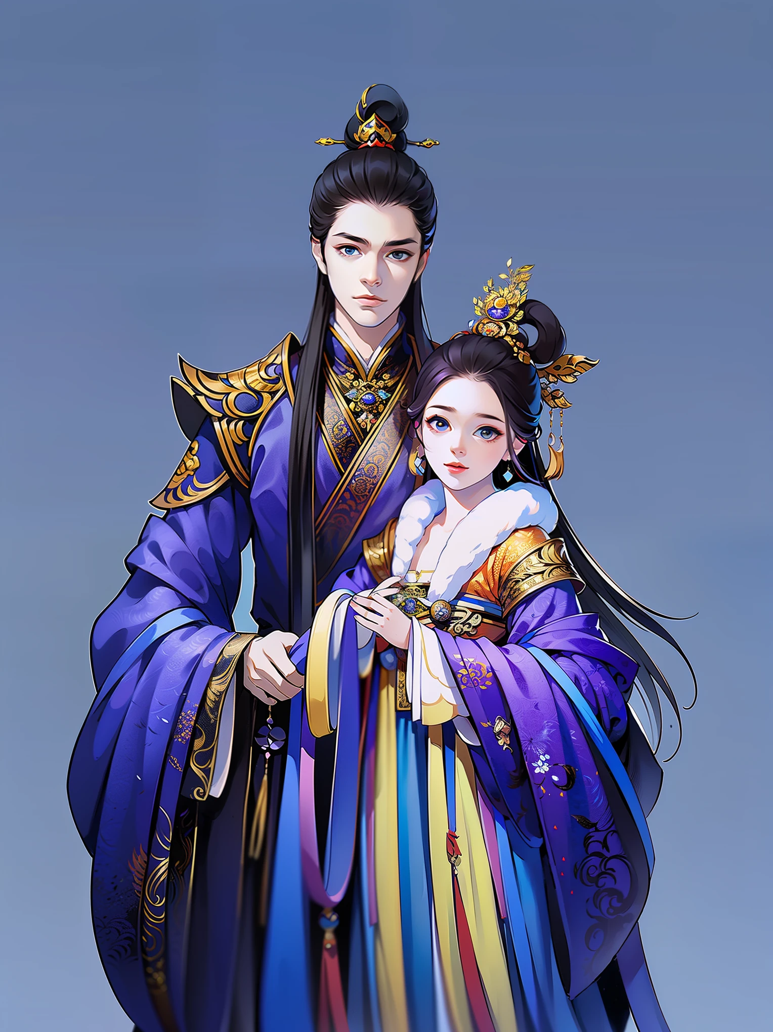 （masterpiece，super detailed，HD details，highly detailed art）1 male 1 female，couple, Half body，xianxia，Purple，elegant，Highly detailed character designs from East Asia，Game character costume design，Simple，ultra high resolution, sharp focus, epic work, masterpiece, (Very detailed CG unified 8k wallpaper)，pretty face，beautiful eyes，HD details