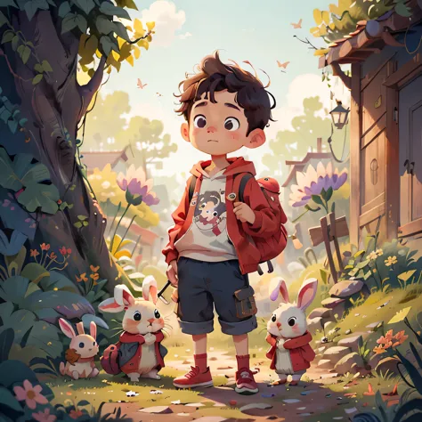 boys，red hoodie，a very charming backpacker enjoying an adorable spring outing with his adorable bunny，surrounded by beautiful fl...