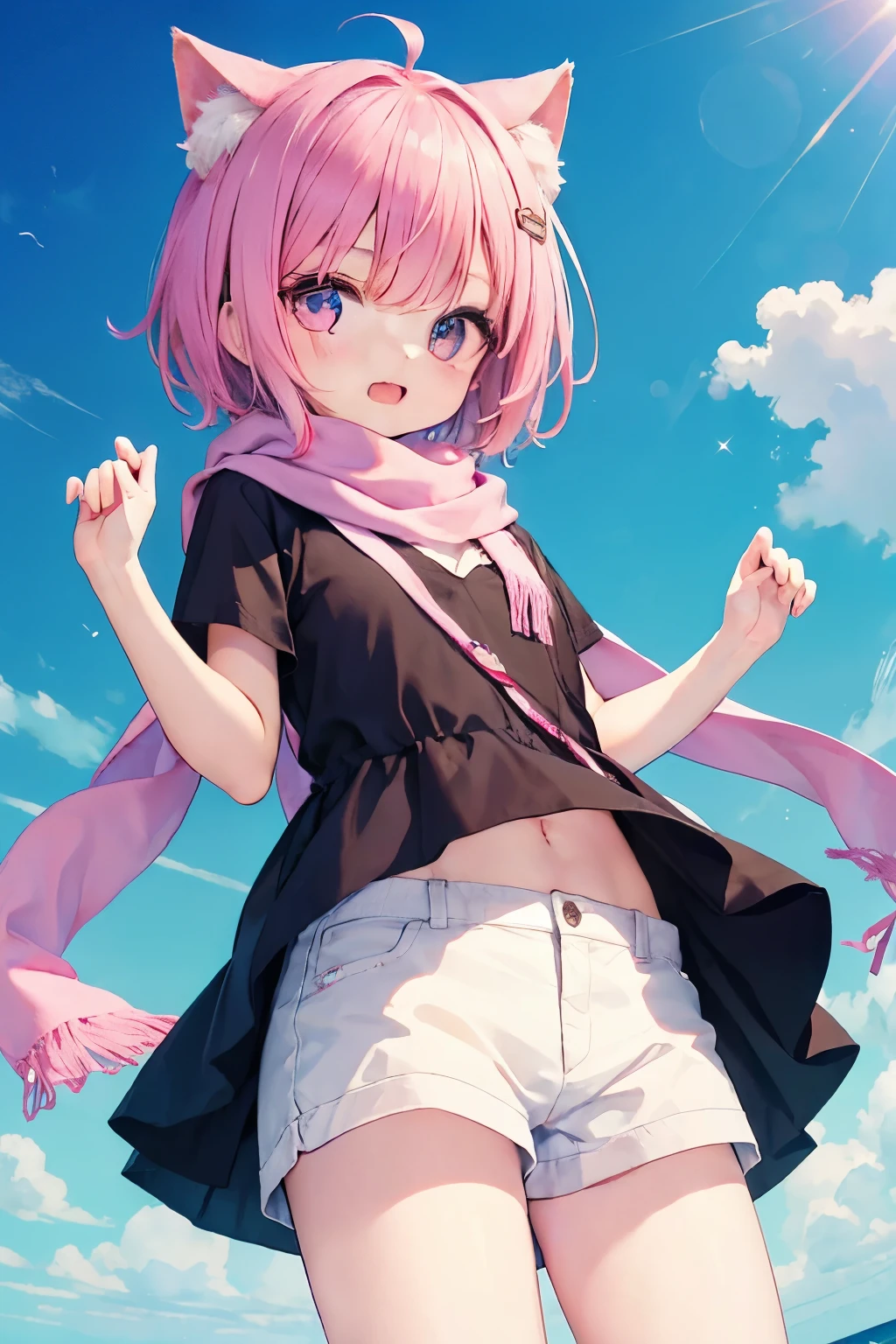 Anime girl with pink hair and cat ears standing on the beach - SeaArt AI