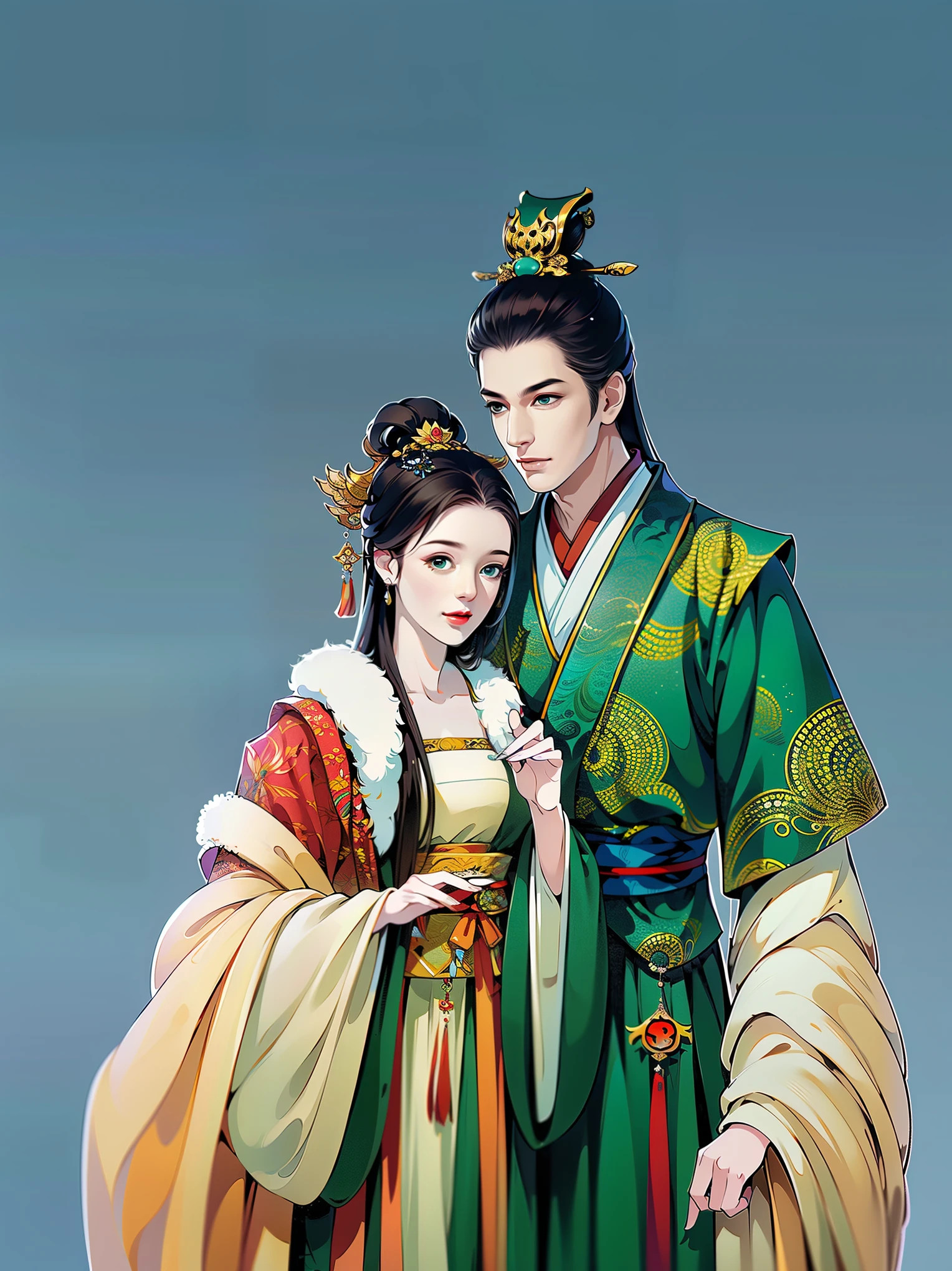 （masterpiece，super detailed，HD details，highly detailed art）1 male 1 female，couple, Half body，xianxia，green，elegant，Highly detailed character designs from East Asia，Game character costume design，Simple，ultra high resolution, sharp focus, epic work, masterpiece, (Very detailed CG unified 8k wallpaper)，pretty face，beautiful eyes，HD details