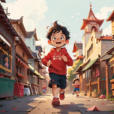 a running boy and a running boy ，red hoodie，black hair，school playground，cheerful，rejoice，perfect quality，clear focus（clutter - ...