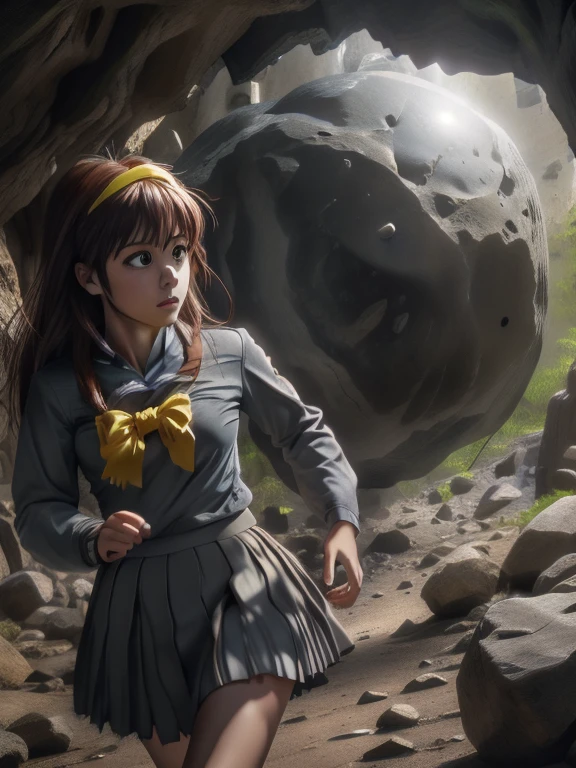 caveRock,running,rock,dungeon,fleeing,stone,stone wall,debris,indoors,(((massive sphere boulder))),(cowboyshot,close-up), fujisaki shiori, yellow hairband, , serafuku, long sleeves, pleated skirt,
