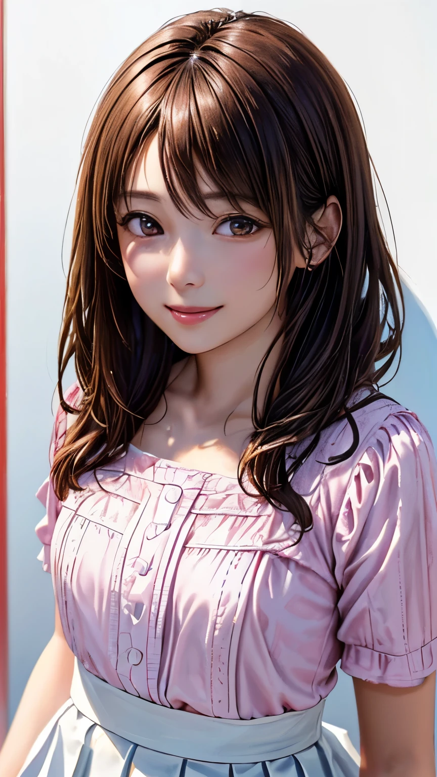 (highest quality、8K、32k、masterpiece)、(realistic)、(Photoreal:1.2)、(High resolution)、Super detailed、very beautiful face and eyes、1 girl、round and small face、thin waist、delicate body、(close、highest quality、high detail、Rich skin details)、(highest quality、8K、oil paint:1.2)、Super detailed、(realistic、realistic:1.37)、bright colors、(((bust shot)))、(((brown hair)))、(((side tail hair)))、(((pure white wall background)))、(((pure white wall background)))、(((Wearing a pink blouse)))、(((wearing a white pleated skirt)))、(((It is a skirt with a border pattern.)))、(((She has a happy expression)))、(((I&#39;m smiling)))、(((wearing a stylish blouse)))、(((look straight ahead)))、(((I'm slouching)))、(((looking down from below)))