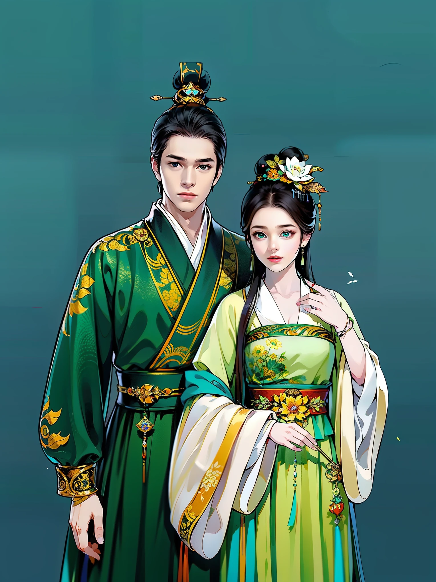 （masterpiece，super detailed，HD details，highly detailed art）1 male 1 female，couple, Half body，xianxia，green，elegant，Highly detailed character designs from East Asia，Game character costume design，Simple，ultra high resolution, sharp focus, epic work, masterpiece, (Very detailed CG unified 8k wallpaper)，pretty face，beautiful eyes，HD details