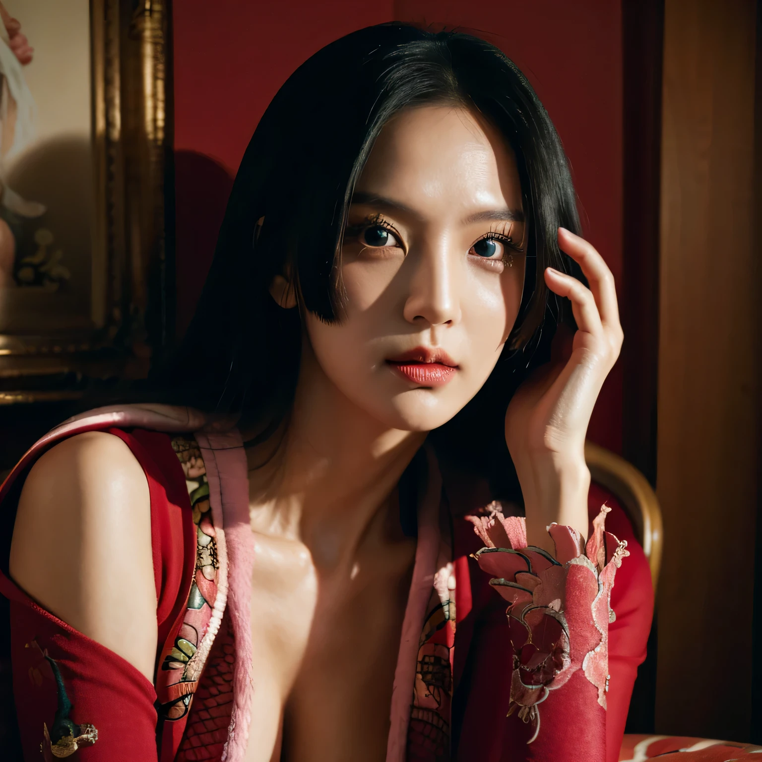 A korean-american beautiful girl, 1girl, cosplay boa hancock from one piece,(masterpiece:1.2), (best quality:1.2), (extremely detailed), cleavage, aesthetic, (extremely detailed face), ultra-detailed eyes and pupils, broad shoulder, (ultra detailed), 8k, photorealistic,  pretty face, smile, instagram shot, instagram style, sit on the Queen's throne, holding a big boa snake, dramatic background, looking at viewer, facing front, perfect skin, cinematic lighting, nipples, fair skin, black hair,  black eyes, portrait photo, (medium breast:1.3), plumpy body, slender, beautiful makeup, nikon RAW photo, 8k ,Fujifilm XT3, photorealistic, detailed face, fair skin, perfect shape, slim face, indoors, dim lighting, (looking at viewer:1.2), wear boa hancock dress, long dress, glamour dress