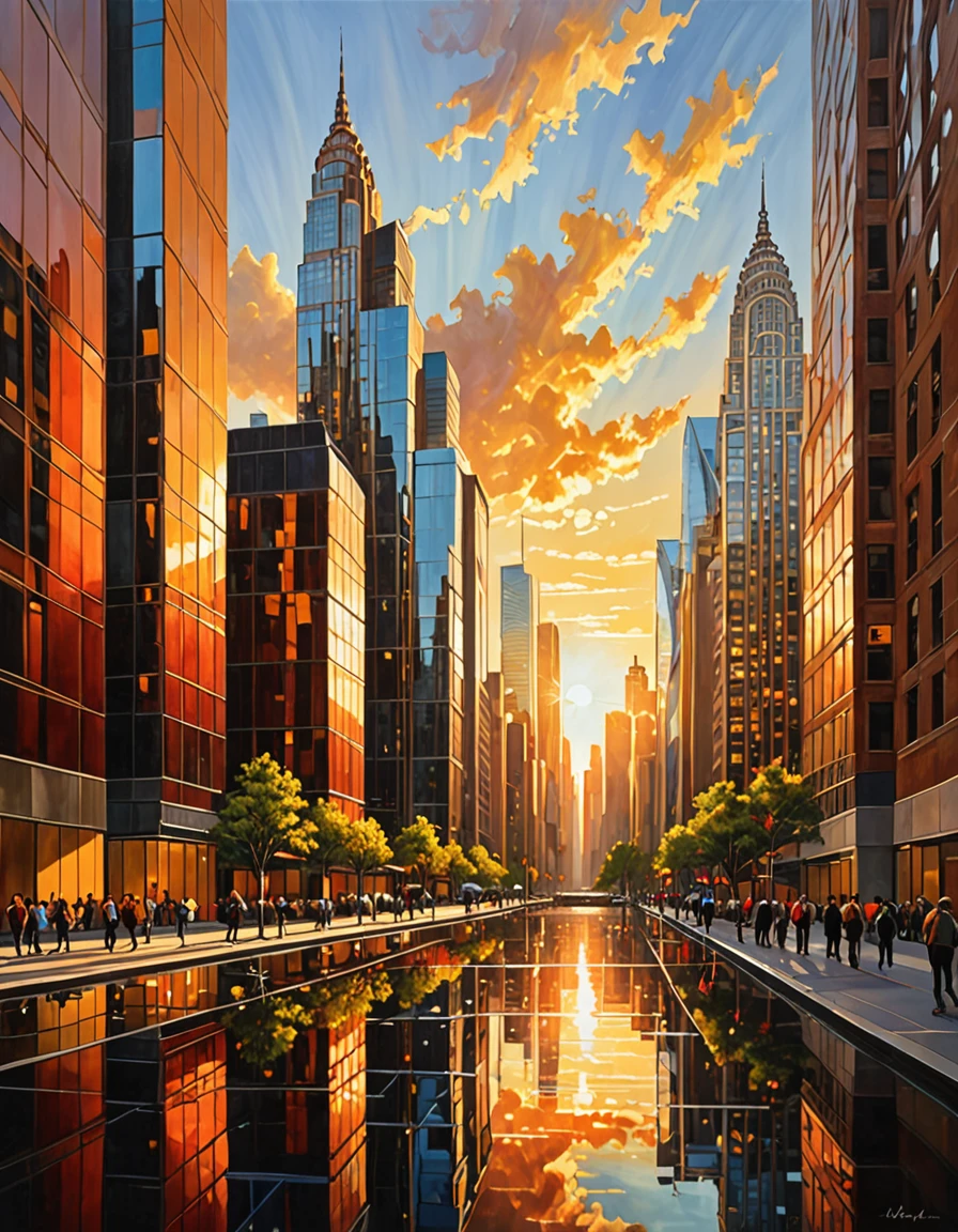 As a celebrated modern art genius, my vision transcends mere representation to evoke deep emotional resonance. In this masterpiece, I capture the essence of "reflection" within the urban landscape. Picture this: a city skyline bathed in the warm hues of a setting sun, its radiance casting a golden glow upon the towering skyscrapers. Each window becomes a canvas, reflecting the sun's descent with intricate detail and breathtaking realism. The play of light and shadow dances across the glass facades, creating a mesmerizing symphony of color and form. Through meticulous brushstrokes, I invite viewers to immerse themselves in the tranquil beauty of this urban oasis, where nature and architecture intertwine in perfect harmony.