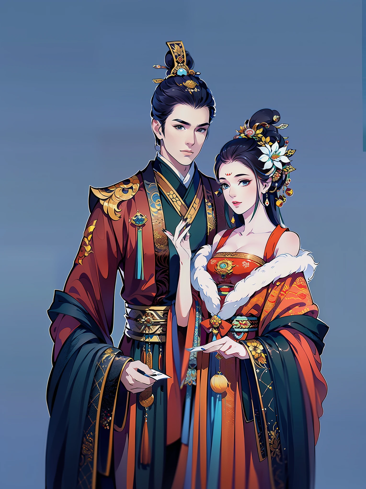 （masterpiece，super detailed，HD details，highly detailed art）1 male 1 female，couple, Half body，xianxia，blue，elegant，Highly detailed character designs from East Asia，Game character costume design，Simple，ultra high resolution, sharp focus, epic work, masterpiece, (Very detailed CG unified 8k wallpaper)，pretty face，beautiful eyes，HD details