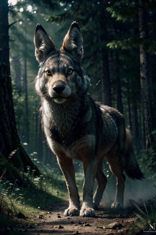 (best quality,highres,ultra-detailed),illustration,fairy tale,gray wolf,chasing,gray hare,detailed fur,forest background,dynamic action,motion blur,depth of field,predator-prey relationship,ominous atmosphere,dark colors,spooky lighting,contrast enhancement,storytelling,action-packed,highly detailed eyes,fearful expressions,bushes,tree trunks,wisps of fog,dappled sunlight,animation-inspired style,emotive,imaginative composition,masterpiece:1.2