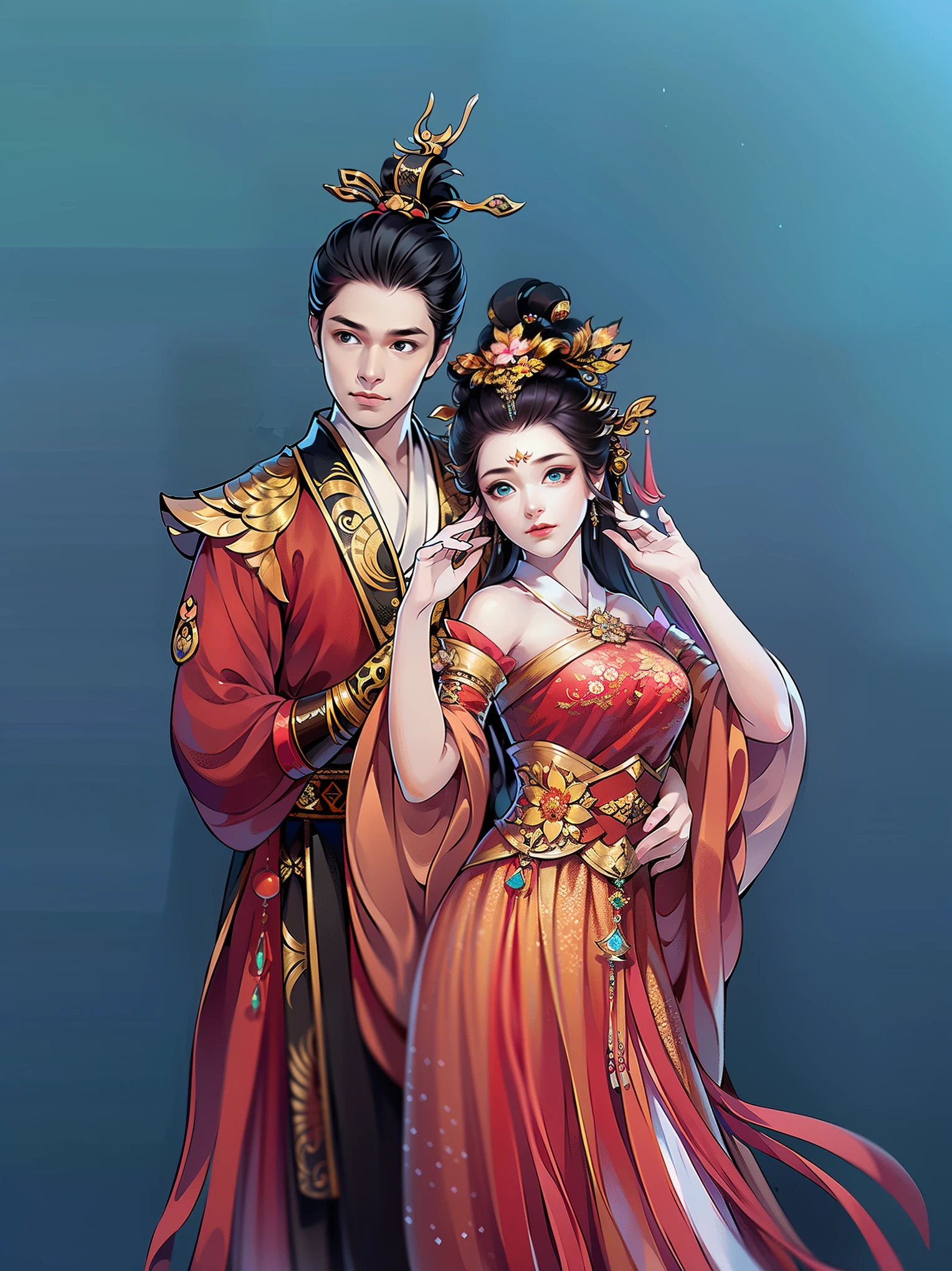 （masterpiece，super detailed，HD details，highly detailed art）1 male 1 female，couple, Half body，xianxia，Dancyan，elegant，Highly detailed character designs from East Asia，Game character costume design，Simple，ultra high resolution, sharp focus, epic work, masterpiece, (Very detailed CG unified 8k wallpaper)，pretty face，beautiful eyes，HD details